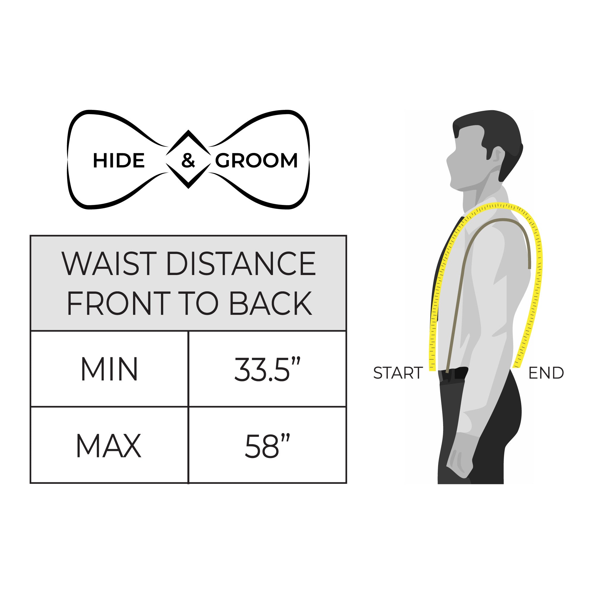 Infographic for measuring fitting of Drop Shaped Suspenders by Hide & Groom, highlighting adjustability and Full Grain Leather quality; artisan-made in La Antigua Guatemala & Oaxaca Mexico.