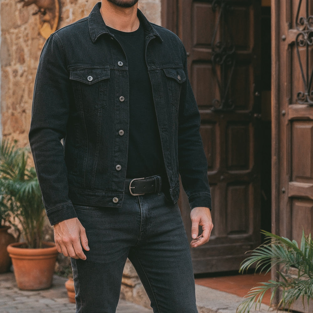 Classic Leather Belt with Glove Liner by La Leche, worn with a denim jacket, highlighting its versatility as a handmade men's waist belt for jeans, made from full grain leather.
