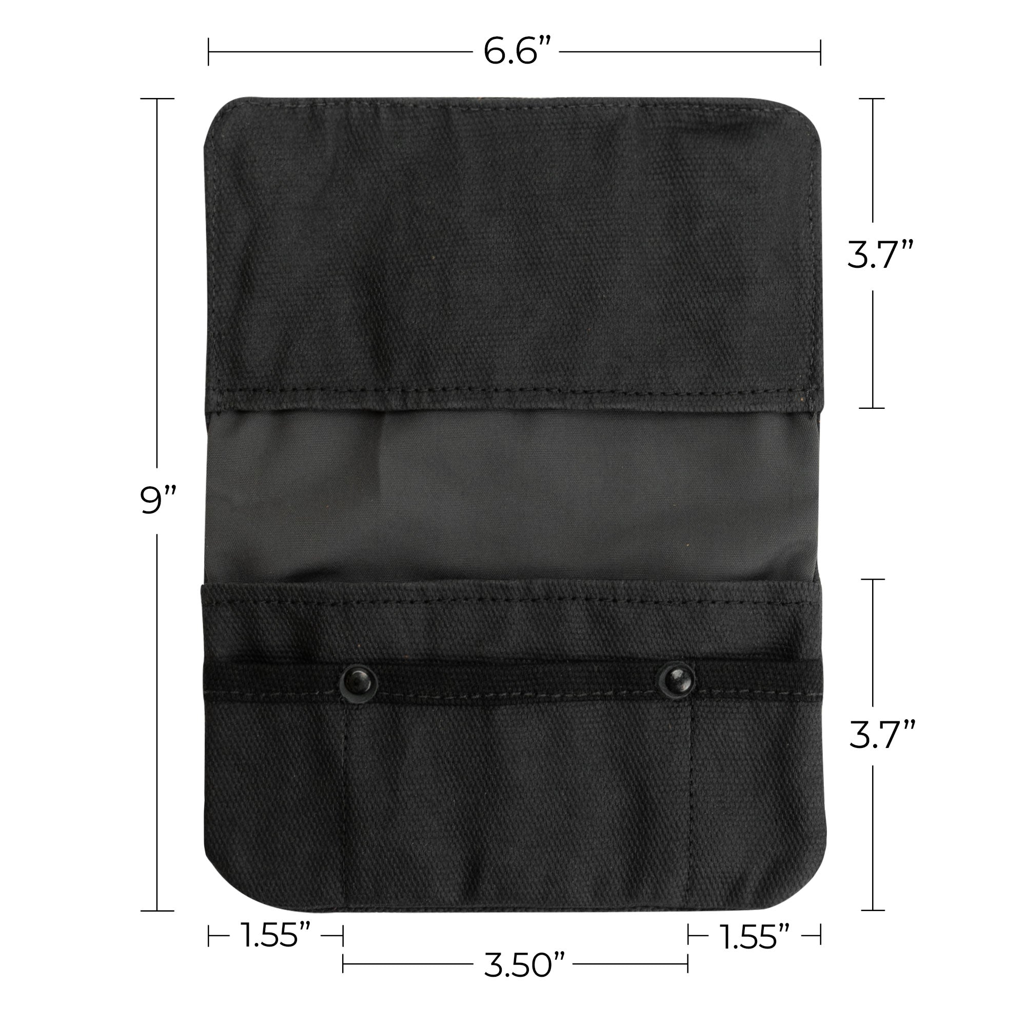 Measurements of the black Hide & Drink Tobacco Pouch Waxed Canvas, detailing its dimensions for optimal storage. This handmade artisan pouch is perfect for tobacco enthusiasts looking for a classic and stylish travel accessory.