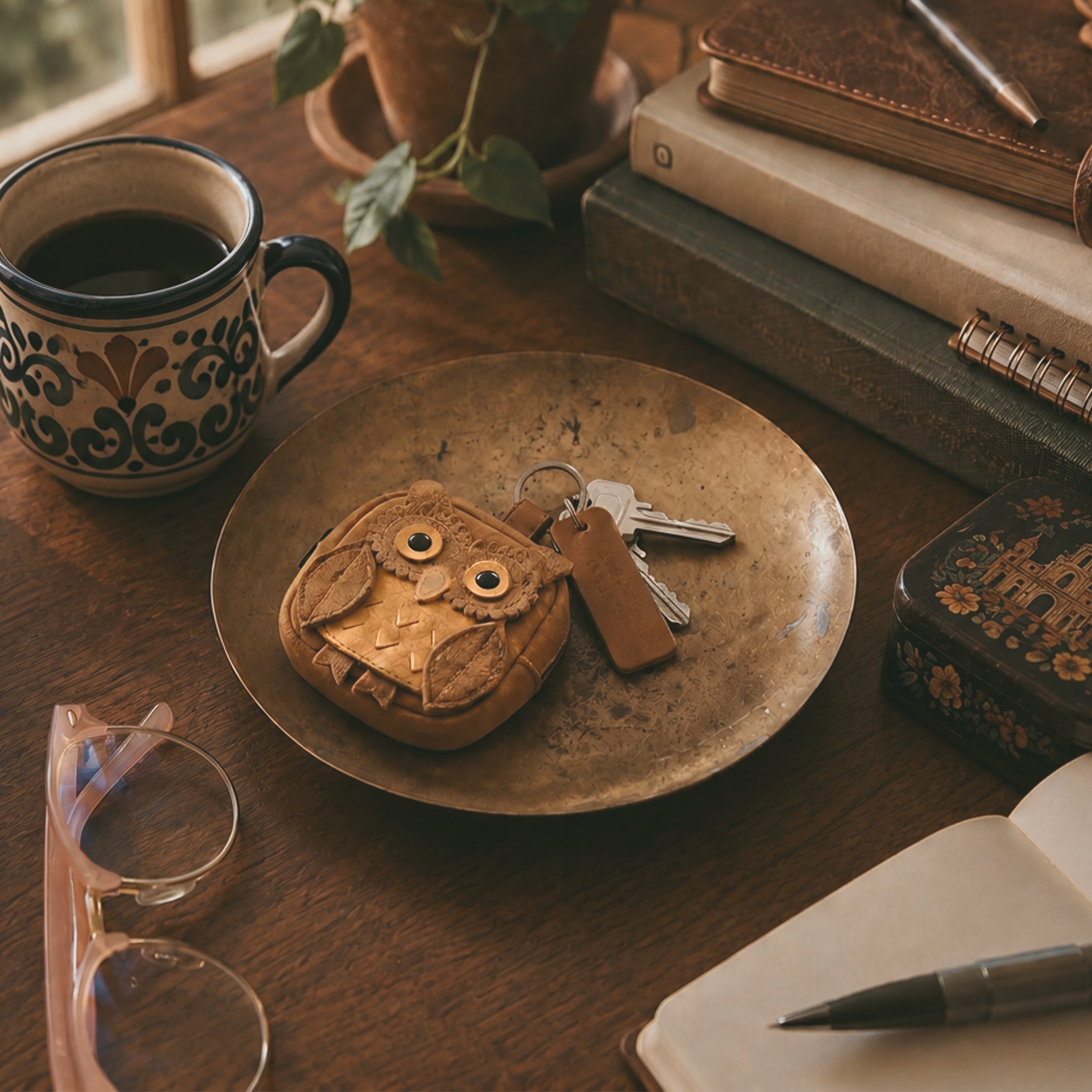 Owl Mini Backpack by Hide & Drink, this adorable owl-shaped case serves as a perfect Owl Mini Backpack Coin Purse and Cute Keychain. Ideal for holding coins and small items, it boasts Full Grain Leather construction, emphasizing small batch production. Hand cut, hand sewn, fire branded, and crafted by skilled artisans in La Antigua Guatemala & Oaxaca Mexico.
