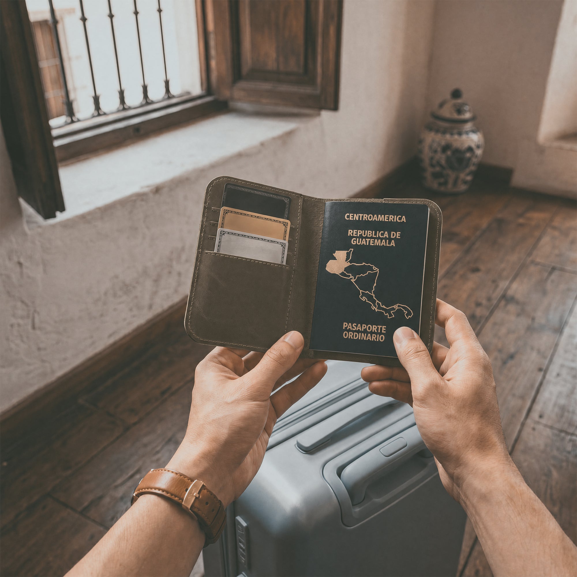 Sleek view of the Hide & Drink Travel Wallet demonstrating its practicality. This stylish travel wallet functions as a bifold passport case made from full grain leather in La Antigua Guatemala.