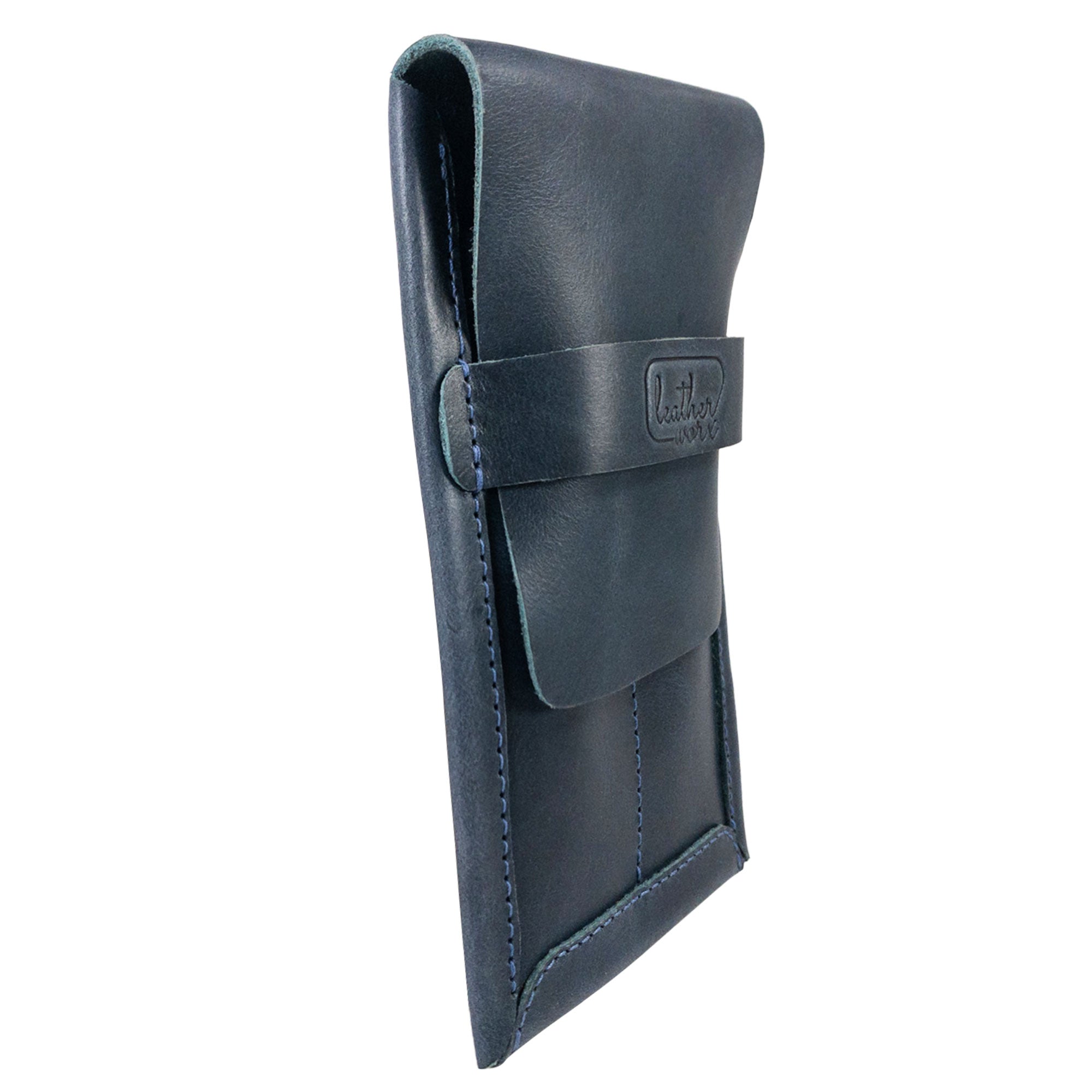 Side view of the Double Pen Case from Leather Worx, showcasing its Full Grain Leather design ideal for everyday use. This artisan piece is handmade in La Antigua Guatemala, featuring hand cut and hand sewn craftsmanship in a small batch production setting, and proudly fire branded for uniqueness.