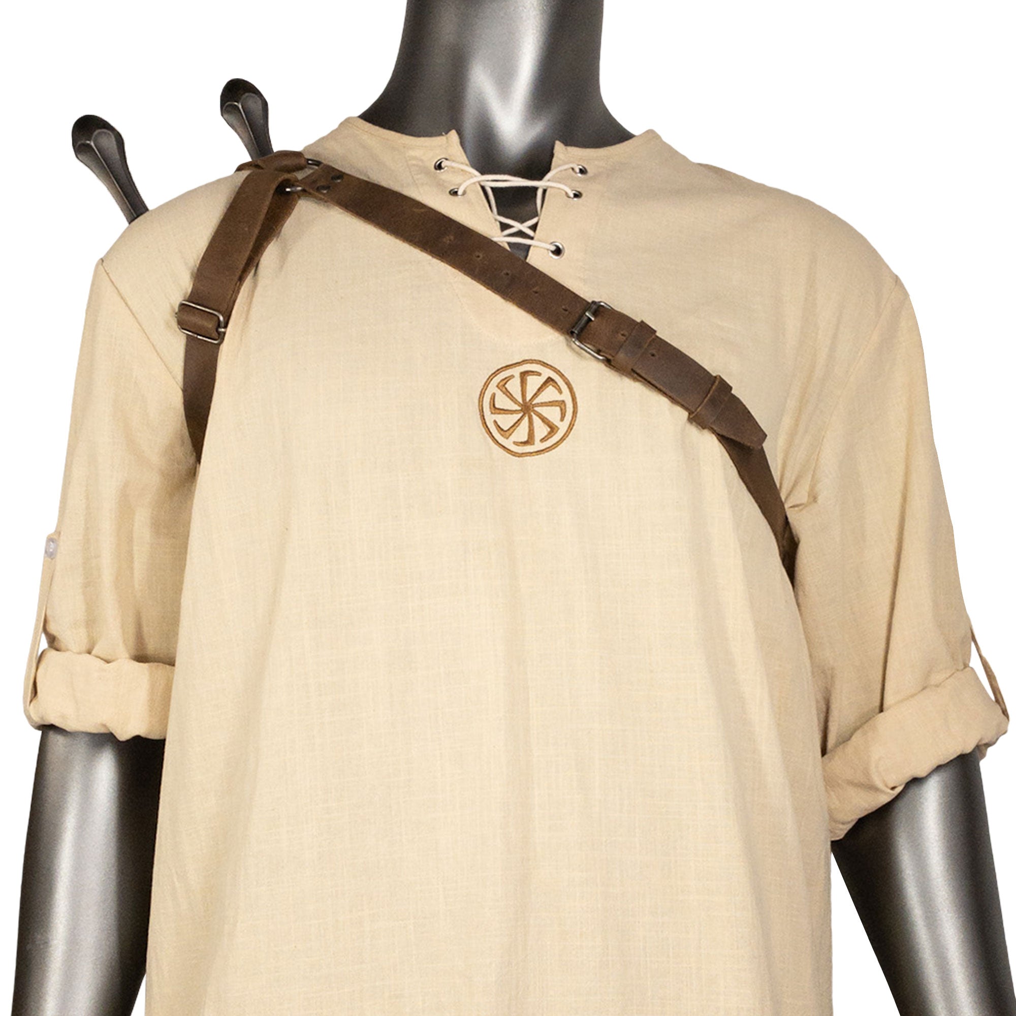 Front view of the Medieval Back Double Sword Shoulder Frog by Valhalla Gear, designed for carrying swords in a full grain leather sheath. This artisan-crafted accessory is ideal for Renaissance fair and knight cosplay, showcasing hand cut and hand sewn craftsmanship.