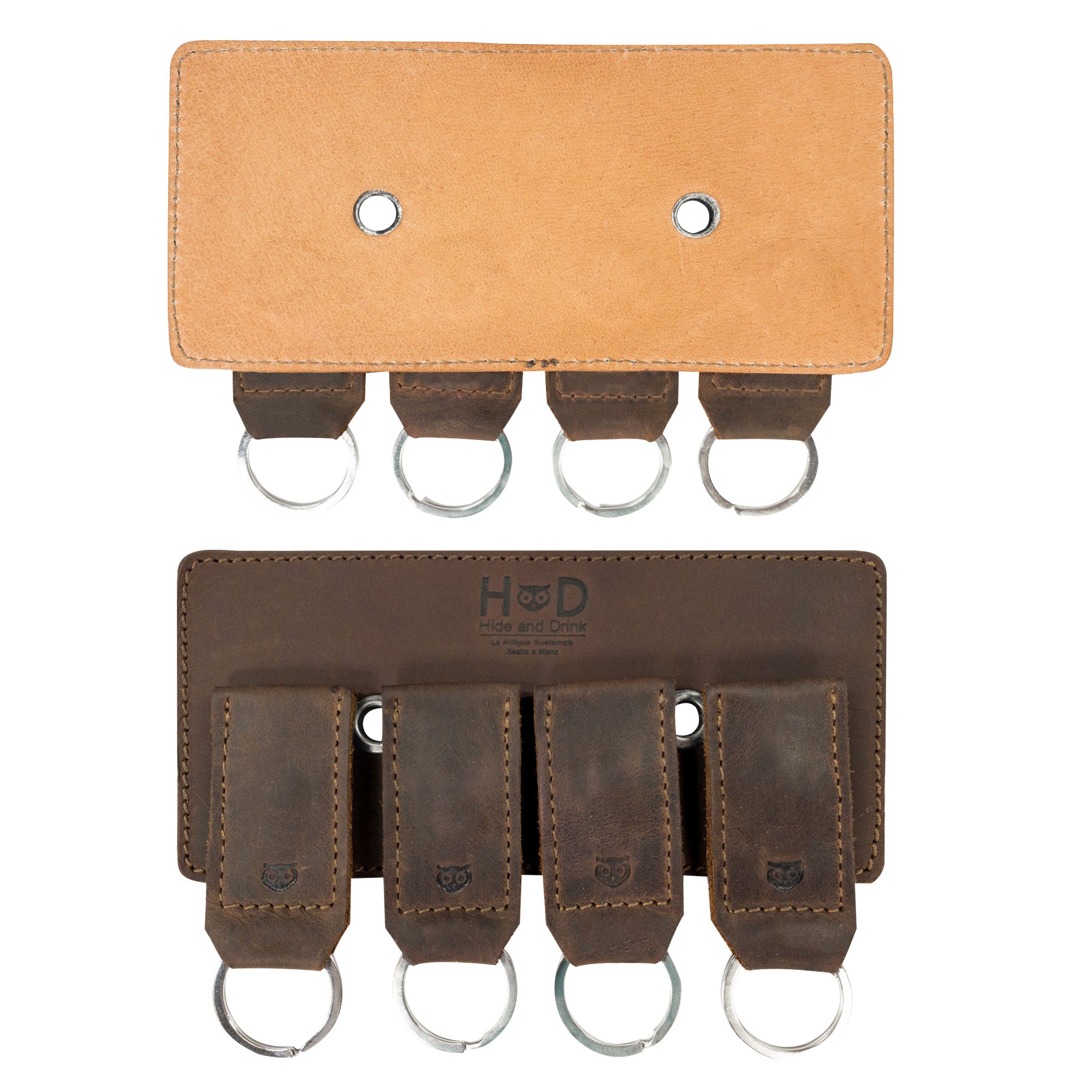 Comparison image of the Magnetic Keychain Holder by Hide & Drink displaying the unique design of full grain leather key ring organizers. This product emphasizes high-quality craftsmanship and durability, ideal for accessories and wall decor in your space. Artisanal piece from small batch production in La Antigua Guatemala & Oaxaca Mexico.