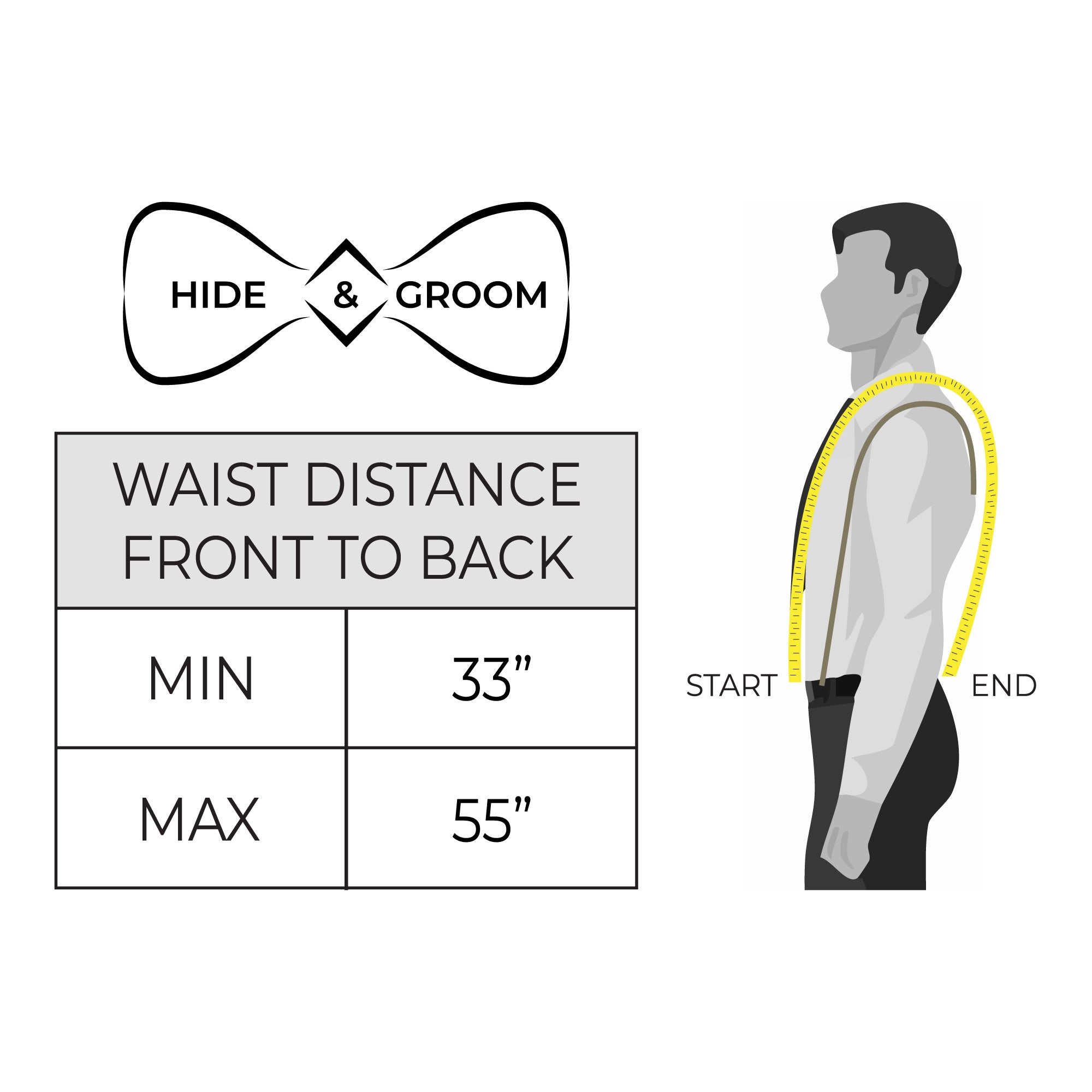 Measuring guide for Rustic Suspenders with Adjustable Size Straps for Men by Hide & Groom, emphasizing the importance of fit. These handcrafted Full Grain Leather suspenders are perfect for weddings, reflecting artisan quality and small batch production.