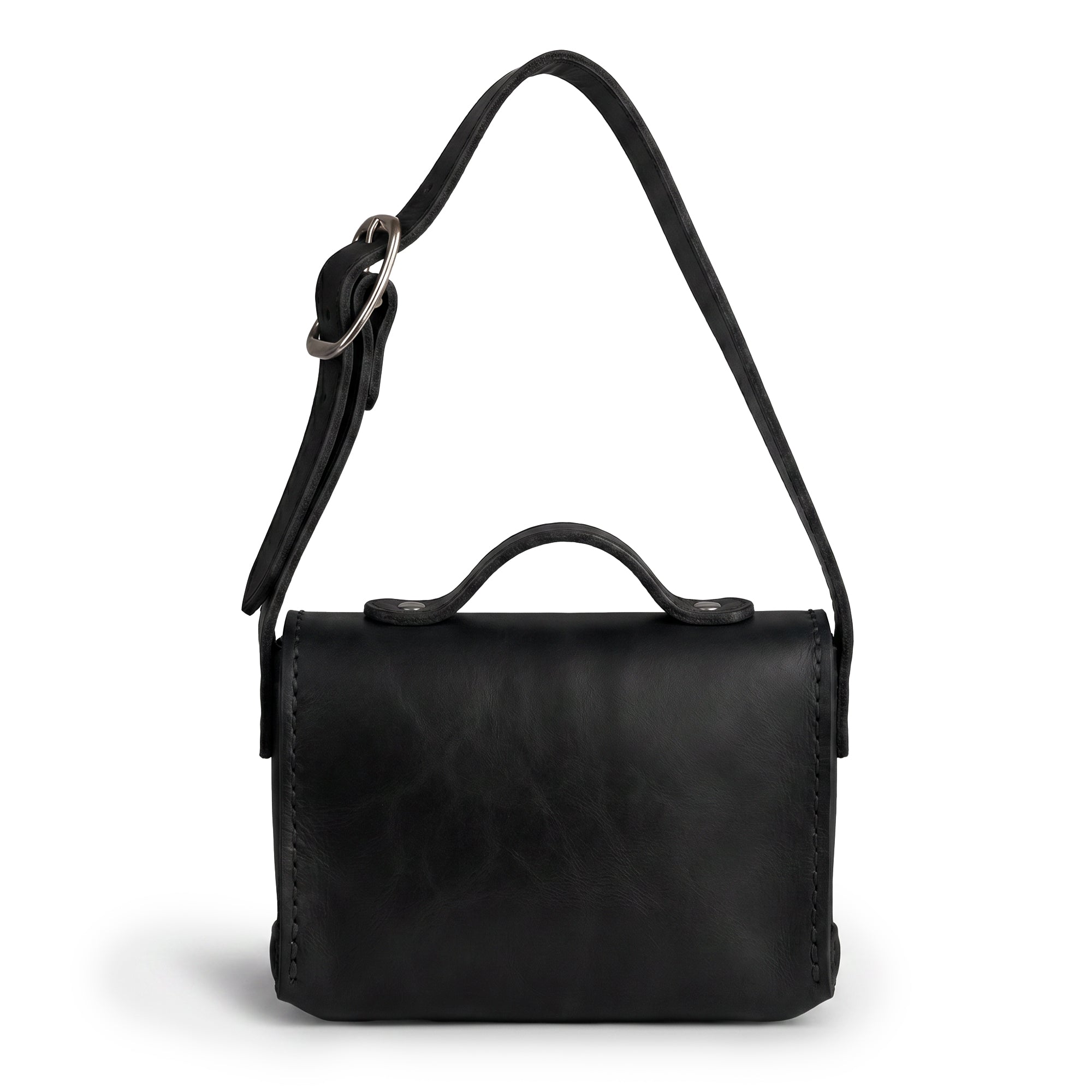 Back view of the Black Tiny Messenger Bag by Hide & Drink, showcasing its sleek design made from premium Full Grain Leather. This Mini Messenger Bag Charm is a perfect keychain or handbag attachment, representing artisan craftsmanship and small batch production in La Antigua Guatemala.