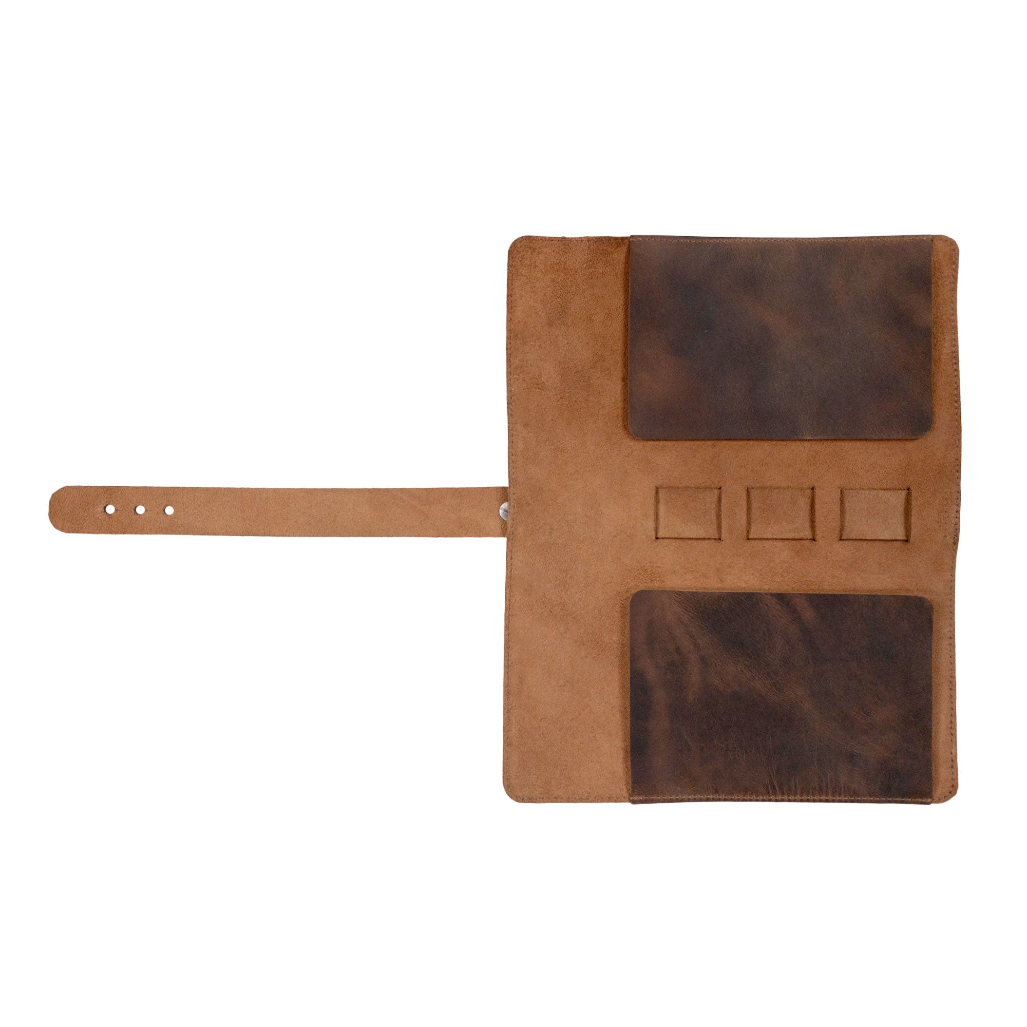 Back view of the Rectangular Knife Case with 3 Slots from Cast Leather Co., showcasing its practical design and durable Full Grain Leather construction. This Portable Knife Organizer doubles as a Travel Bag for essential culinary accessories, artfully handmade in La Antigua Guatemala.