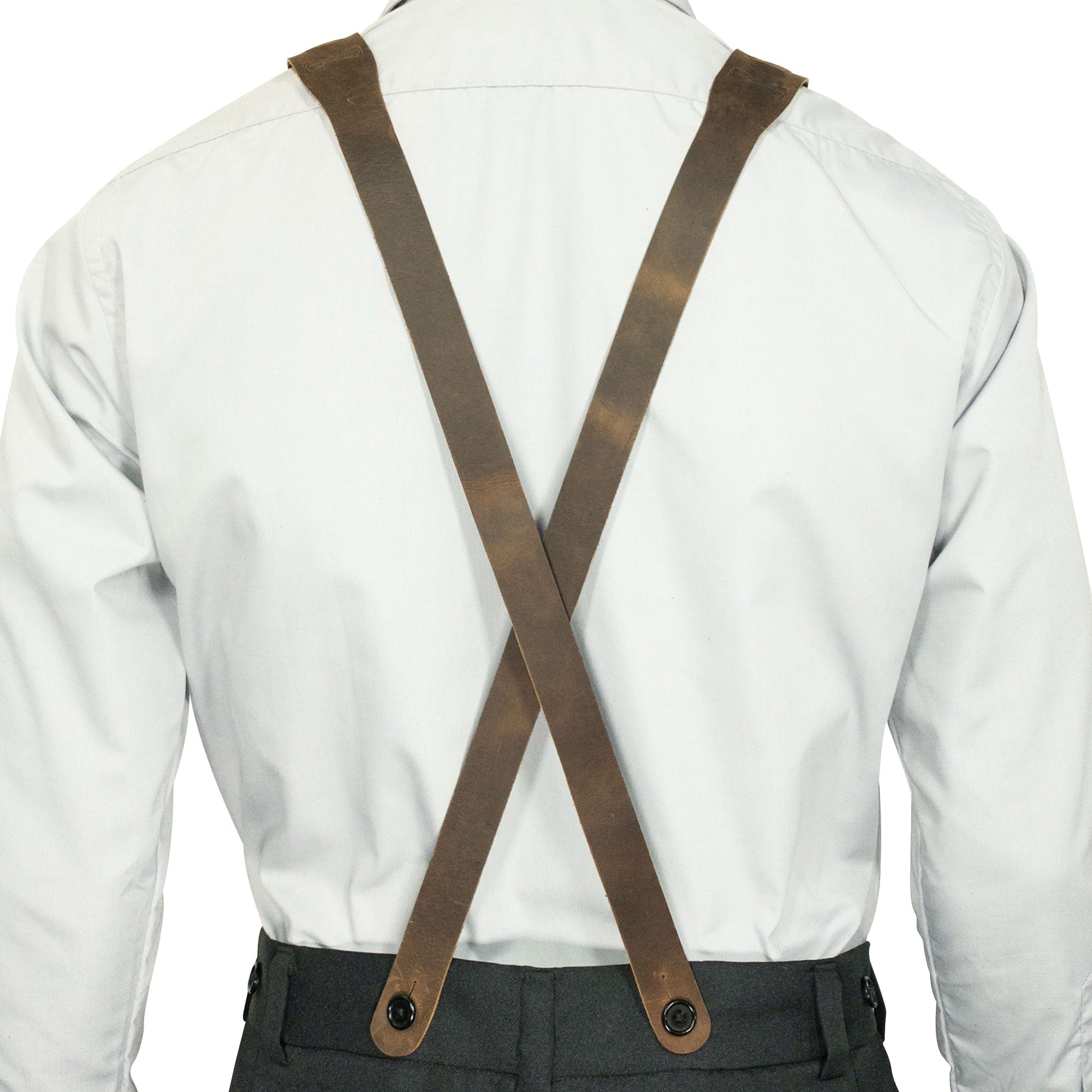 Back view of Hide & Groom's Button End Suspenders, showcasing the durable design. Made for groomsmen and best men, these full grain leather accessories are perfect for special occasions like wedding ceremonies. Handmade in La Antigua Guatemala with a focus on artisan craftsmanship.