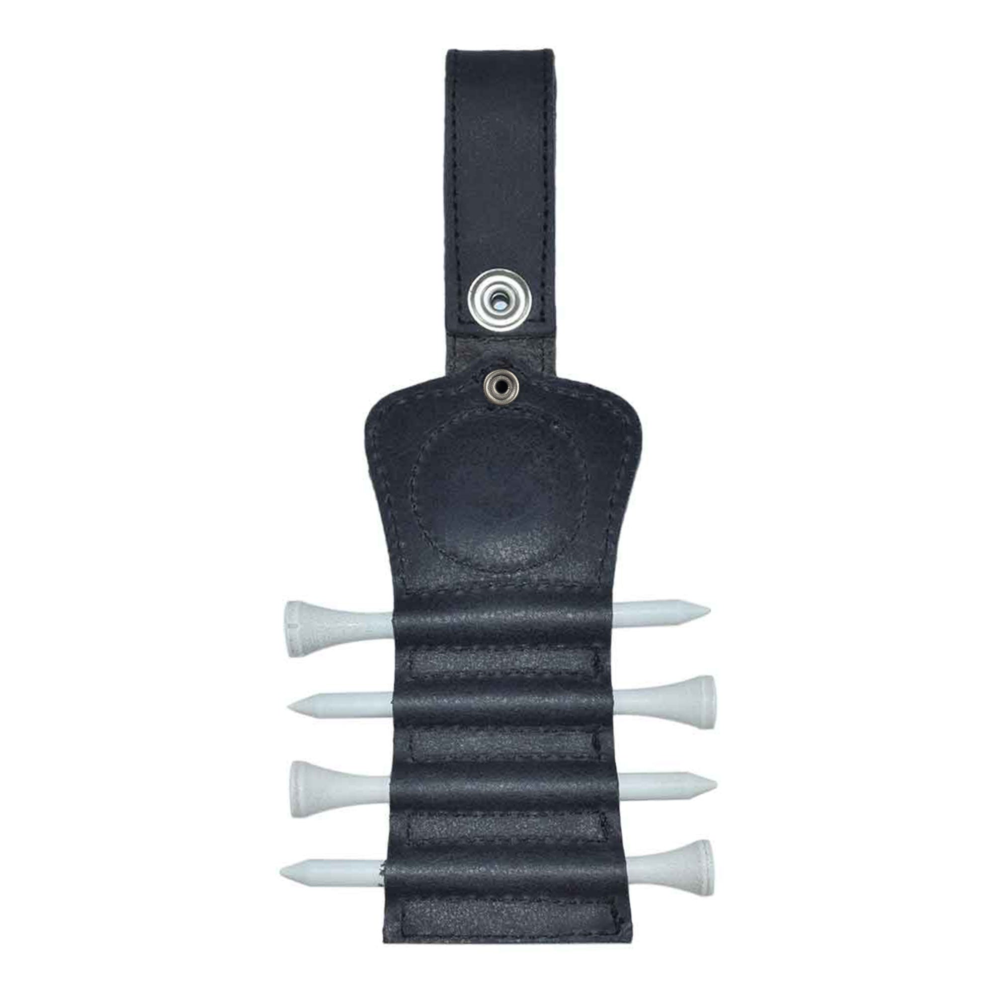 Interior view of the black leather Hide & Drink Golf Tee Holder, revealing the slots for tees. Perfect for golfers who value convenience and style, this accessory is handmade in La Antigua Guatemala from high-quality full grain leather.