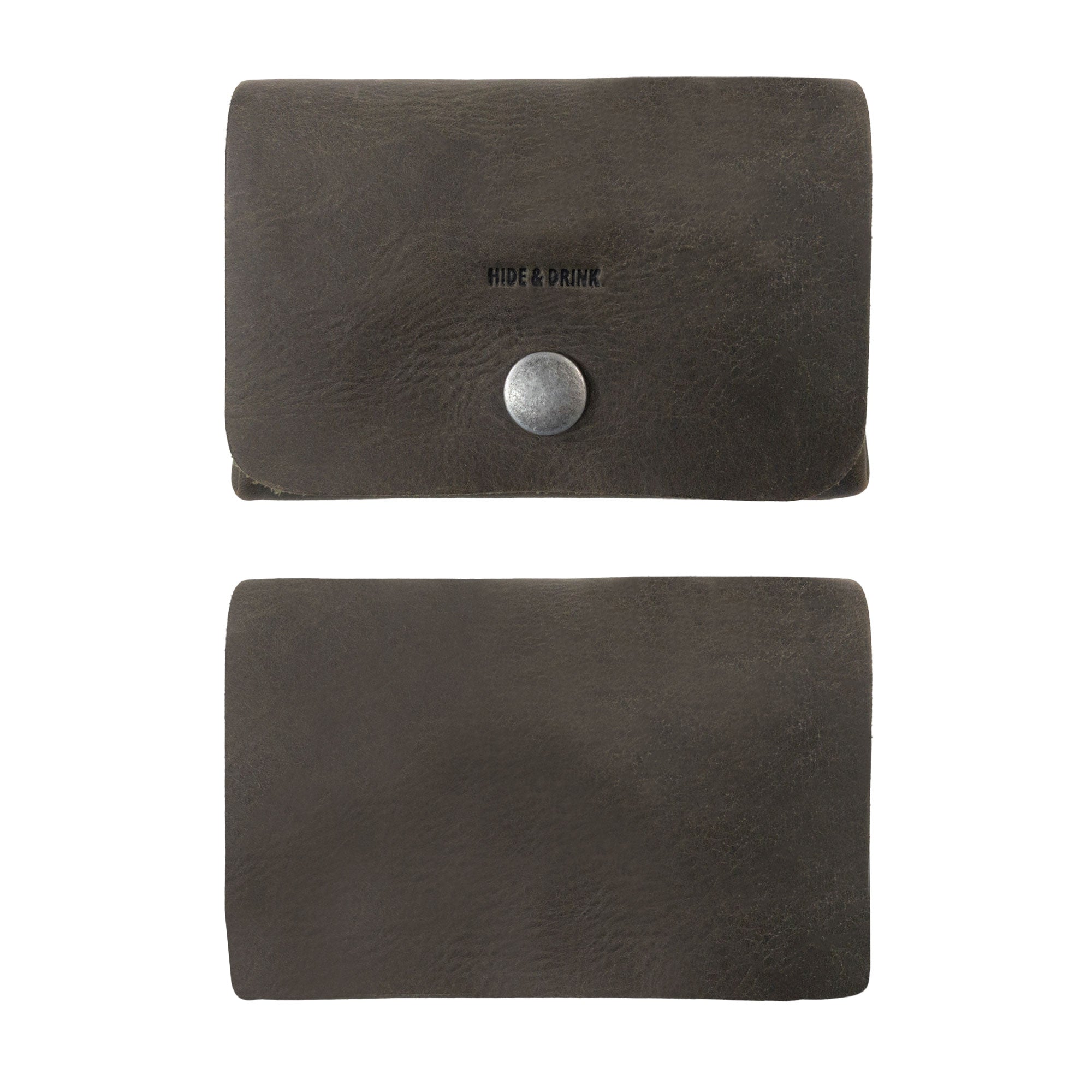 Overview of the olive Leather Double Pouch Card Wallet by Hide & Drink highlighting its craftsmanship. This Leather Double Pouch Card Wallet serves as a stylish card organizer, cash holder, and ID case, suitable for both men and women, handcrafted in La Antigua Guatemala & Oaxaca Mexico.