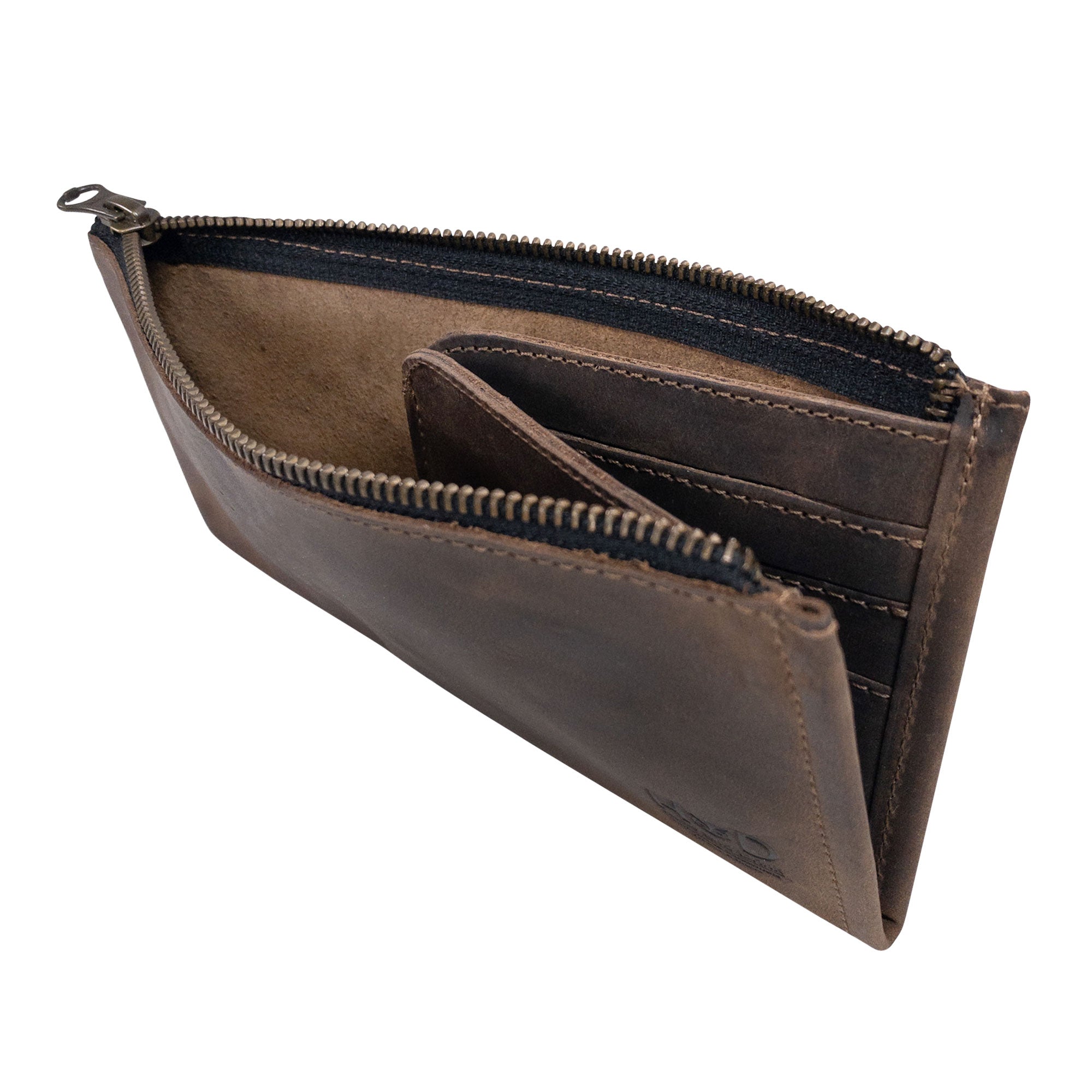 Hide & Drink Zipper Wallet showcasing its interior compartments and zipper closure. This versatile zippered bag doubles as a Rectangular Wallet with Inner Card Slots, crafted from durable Full Grain Leather. A must-have Rustic Card Holder for travelers, it represents stockyardX's commitment to Small Batch Production, Hand Cut, and Hand Sewn techniques. Artisan crafted in La Antigua Guatemala & Oaxaca Mexico.