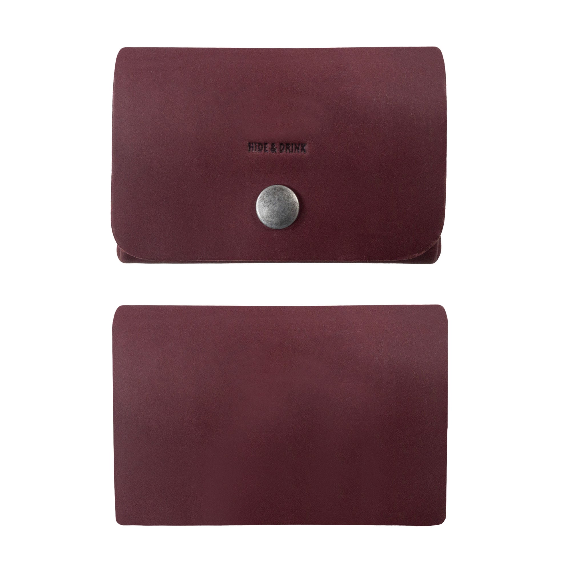 Comprehensive view of the burgundy Leather Double Pouch Card Wallet by Hide & Drink showcasing its detailing. This versatile Leather Double Pouch Card Wallet is great as a card organizer, cash holder, and ID case, suitable for both men and women, handmade in La Antigua Guatemala & Oaxaca Mexico.