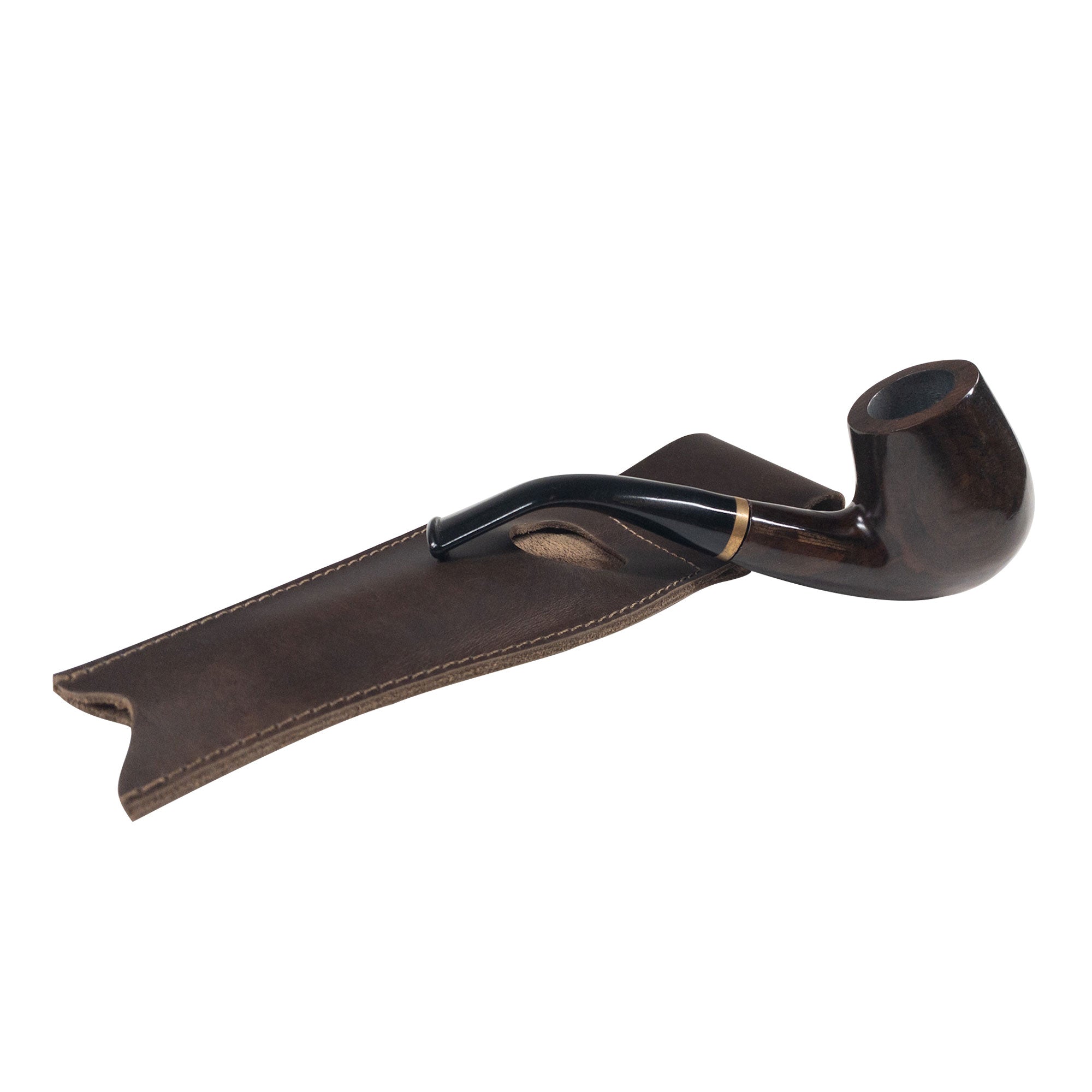 Side view of the La Antigua Pipe Case, showcasing the pipe resting securely in a rustic holder made from full grain leather. This waist case is a practical travel accessory that highlights the artisan techniques of hand cut, hand sewn, and fire branded craftsmanship.