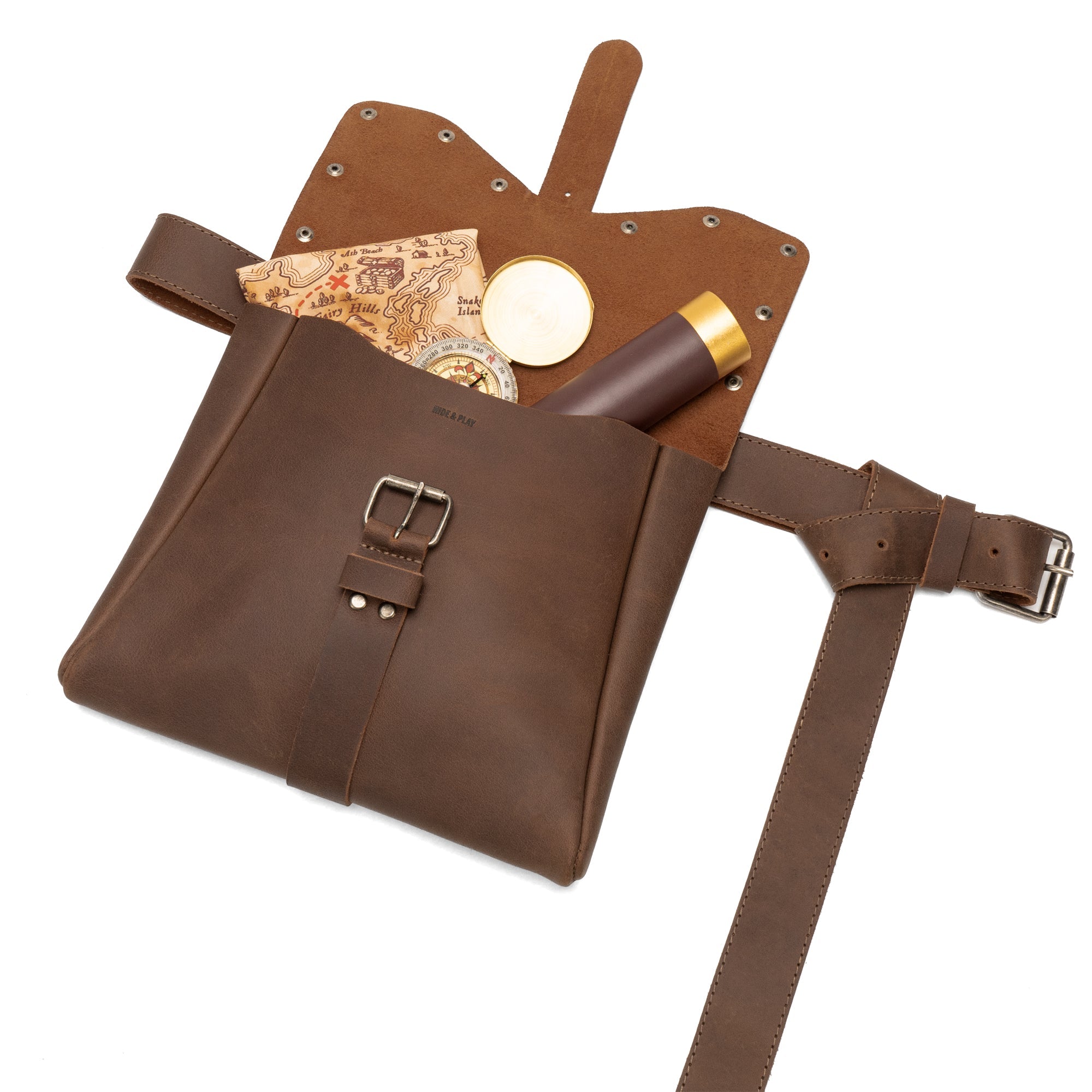 An open Viking Style Waist Bag with Belt from Hide & Play, displaying its spacious interior suitable for carrying essentials. This functional accessory is ideal for cosplay and historical events, made from full grain leather with a hand sewn finish, proudly created in La Antigua Guatemala & Oaxaca Mexico.