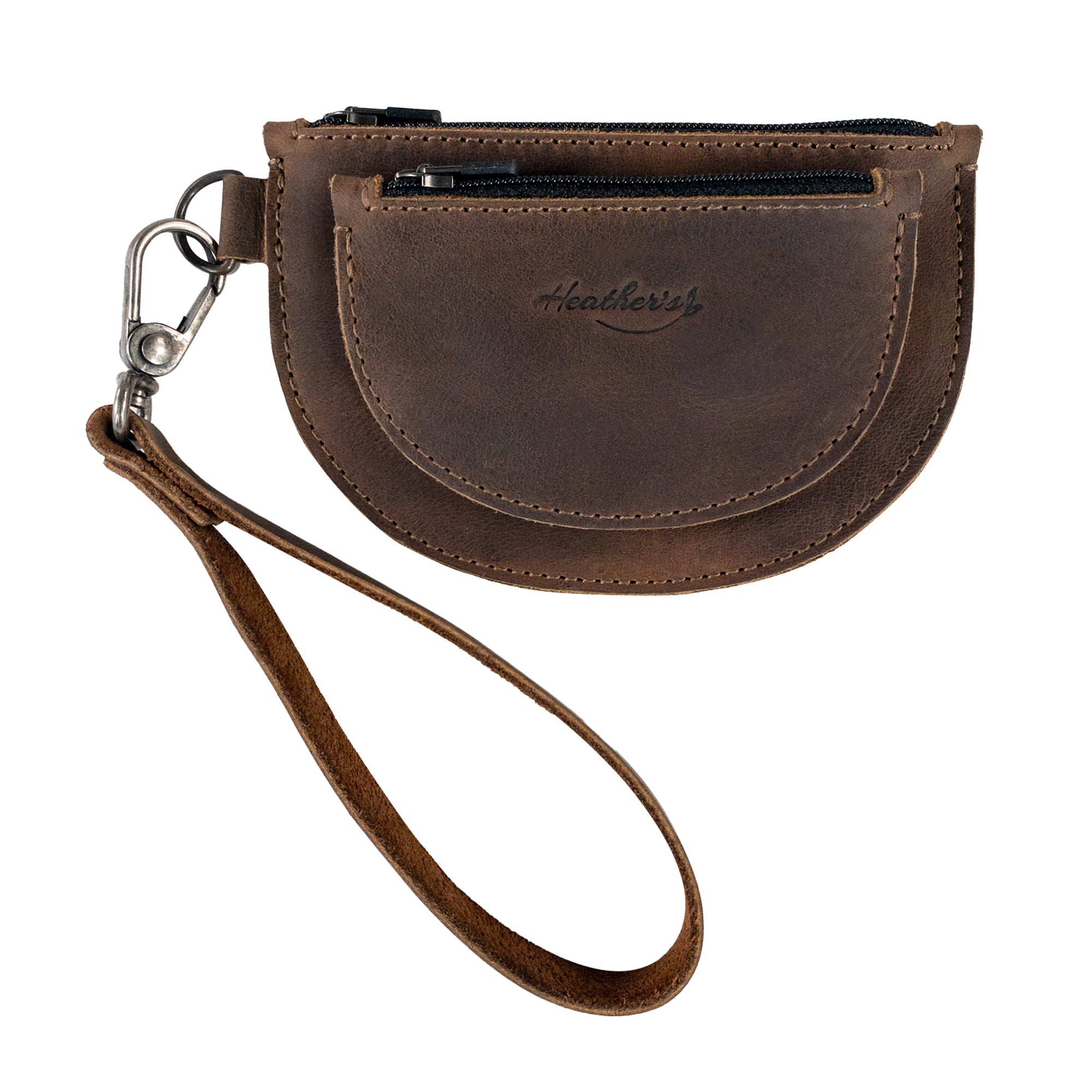 Heather's Semi-Circular Double Wallet featuring a wrist strap for easy carrying, showcasing its versatility as a coin pouch, money holder, and USB storage. This handmade product is crafted from Full Grain Leather, representing small batch production by artisans in Guatemala.
