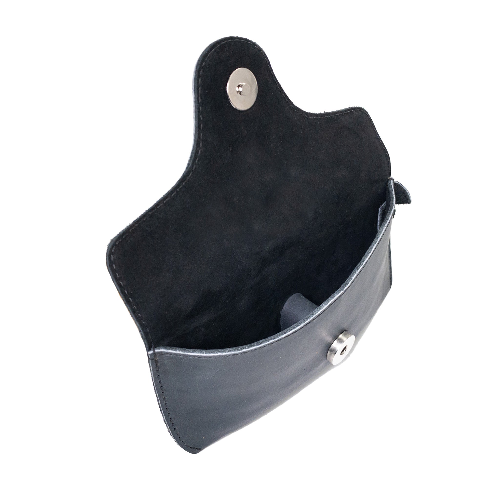 Interior view of Eyeglasses Case with Strap by Hide & Drink, emphasizing its hand sewn construction from full grain leather. This handmade sunglasses case is an exceptional protector for eyewear, made in La Antigua Guatemala & Oaxaca Mexico.