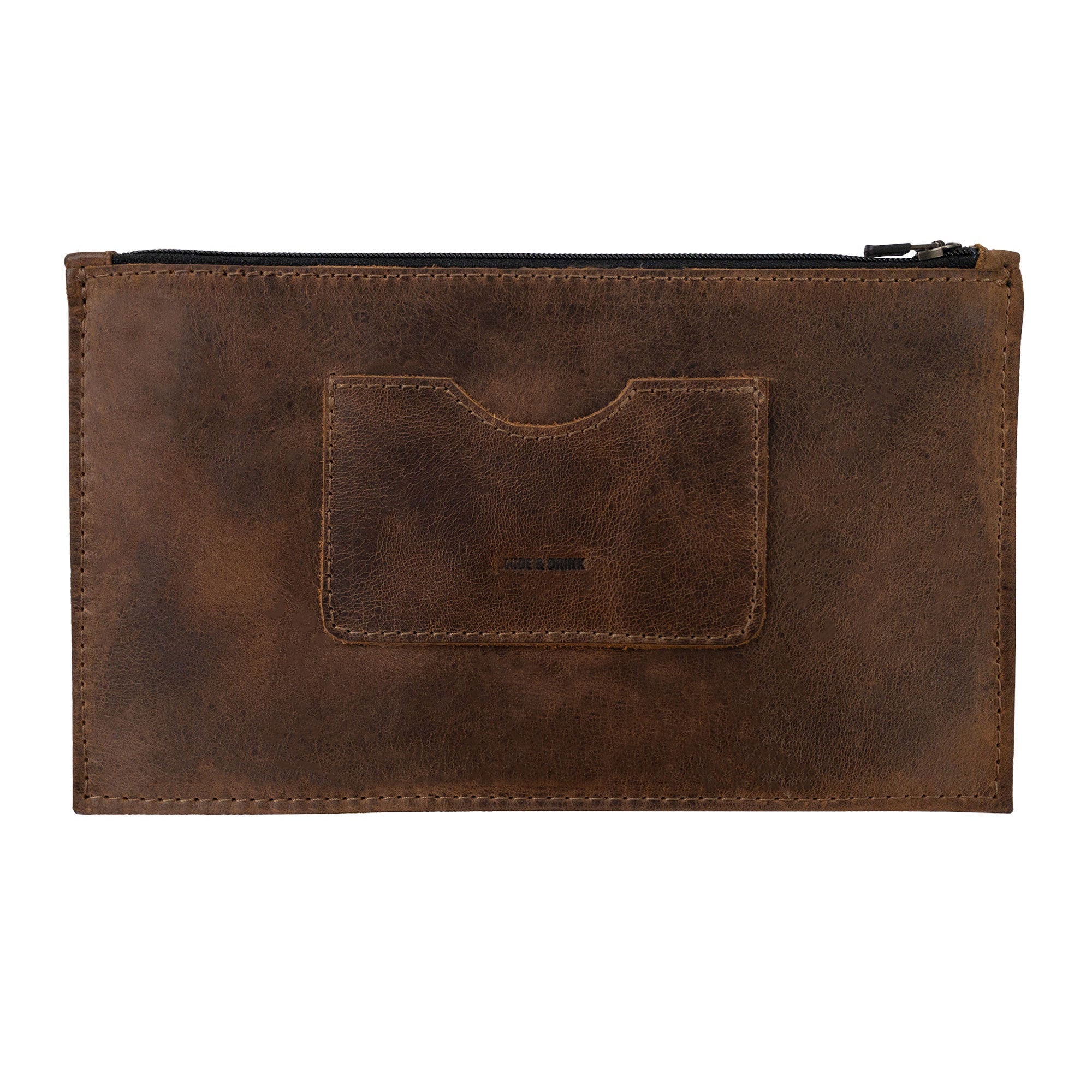 Front view of a brown rectangular zippered handbag by Hide & Drink, perfect for women looking for a stylish solution. The female purse includes a card slot, crafted from full grain leather and represents artisan craftsmanship through small batch production. This durable, handmade item is created in La Antigua Guatemala & Oaxaca Mexico.