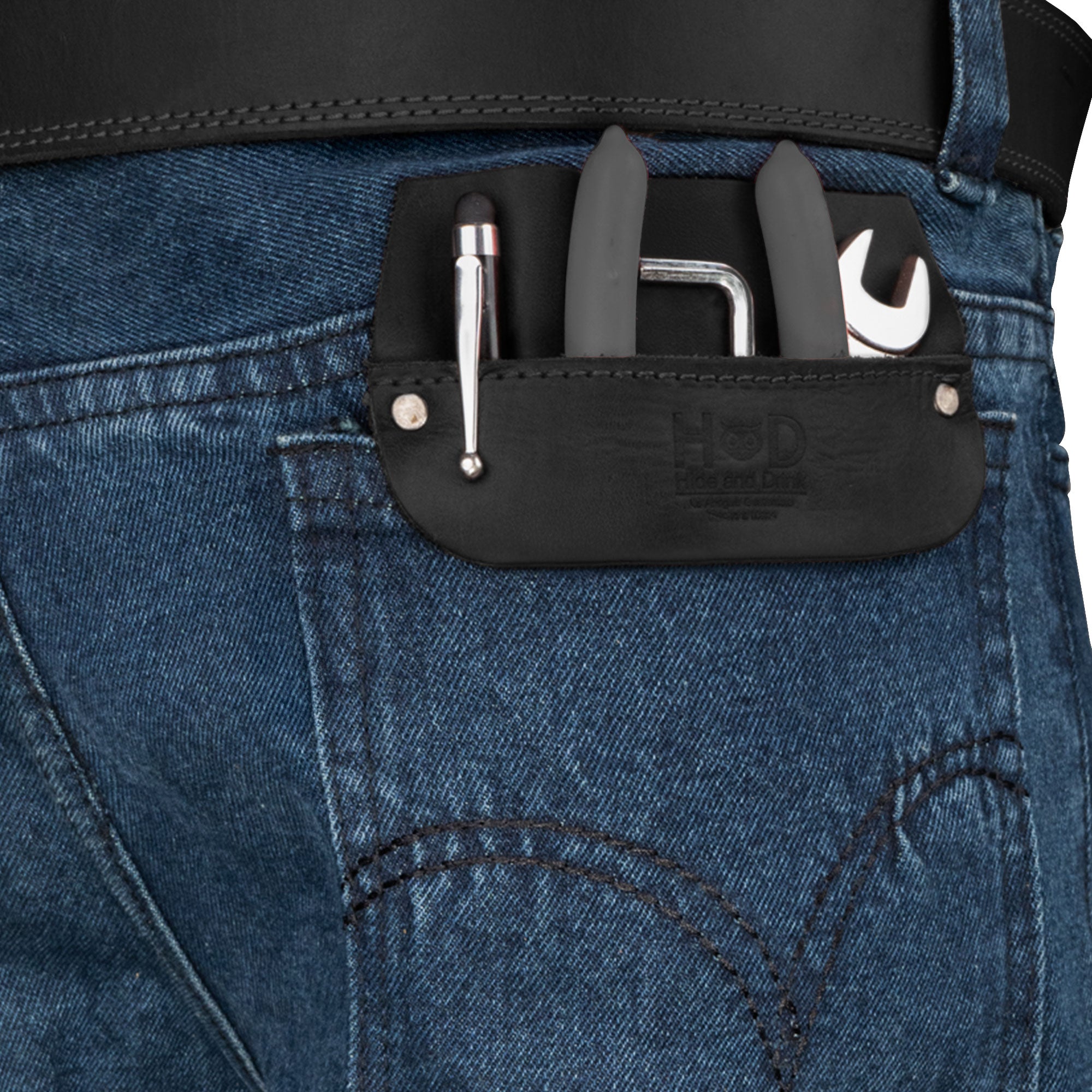 Hide & Drink Leather Work Pocket in its natural color, emphasizing its unique and rustic finish. Crafted with full grain leather, this Work Pocket Organizer for Tools provides both elegance and durability.