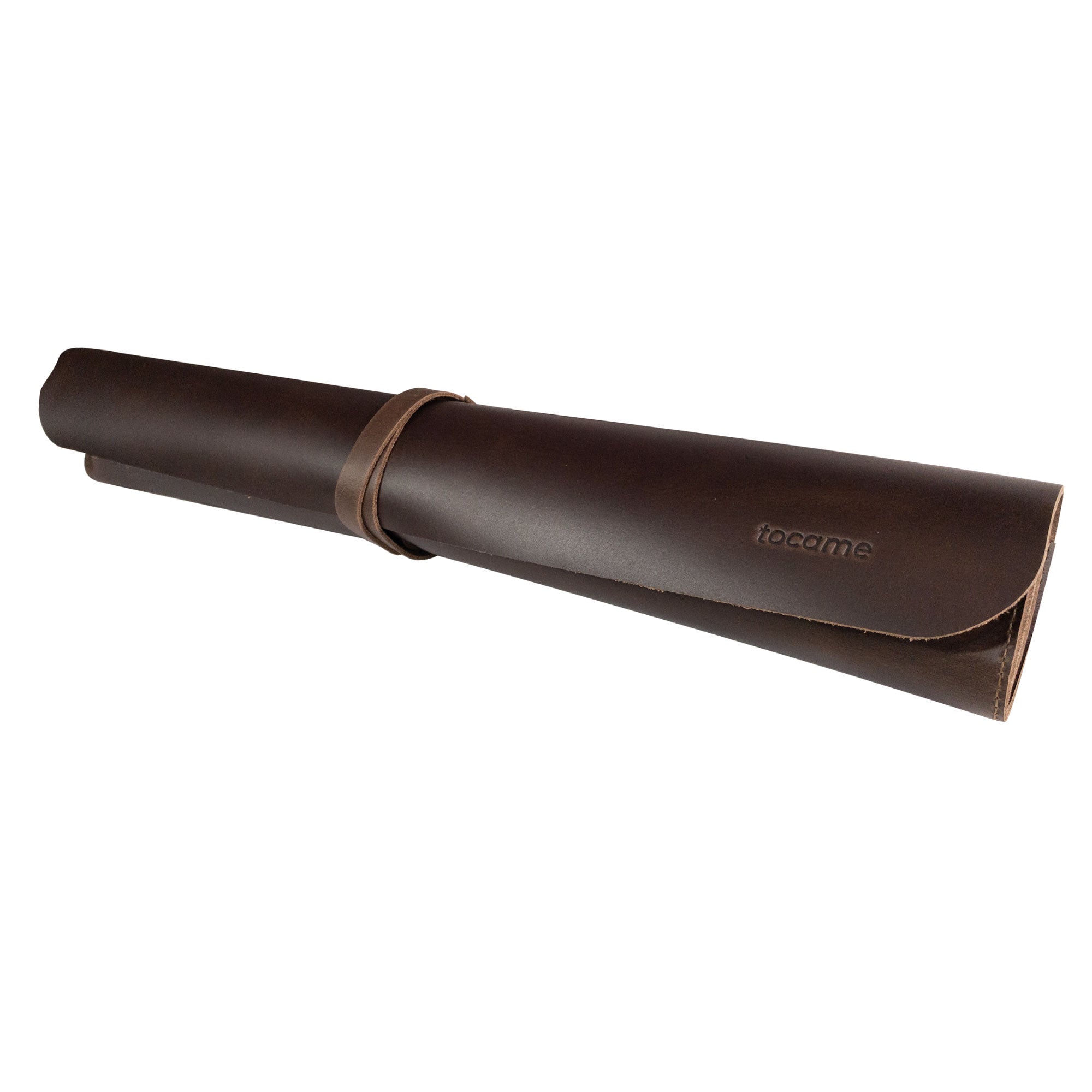 Rolled-up Drum Stick Roll from tocame, showcasing its elegant design and Full Grain Leather material. This accessory for drummers is perfect for carrying sticks securely, a must-have for any serious drummer. Hand cut and sewn by skilled artisans in La Antigua Guatemala.