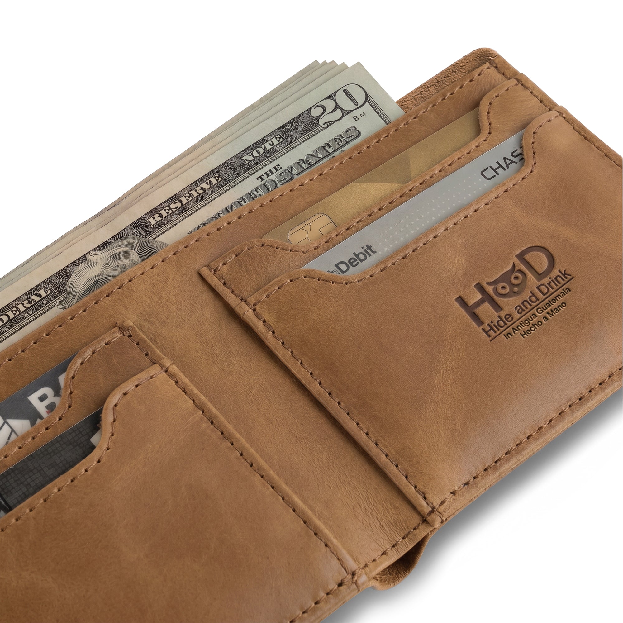 Classic Wallet by Hide & Drink showcased with important dimensions laid out. This Classic Bifold Wallet is made of Full Grain Leather, providing a durable storage case for identification. A must-have travel accessory, it represents small batch production artisan craftsmanship, hand cut and sewn in La Antigua Guatemala & Oaxaca Mexico.