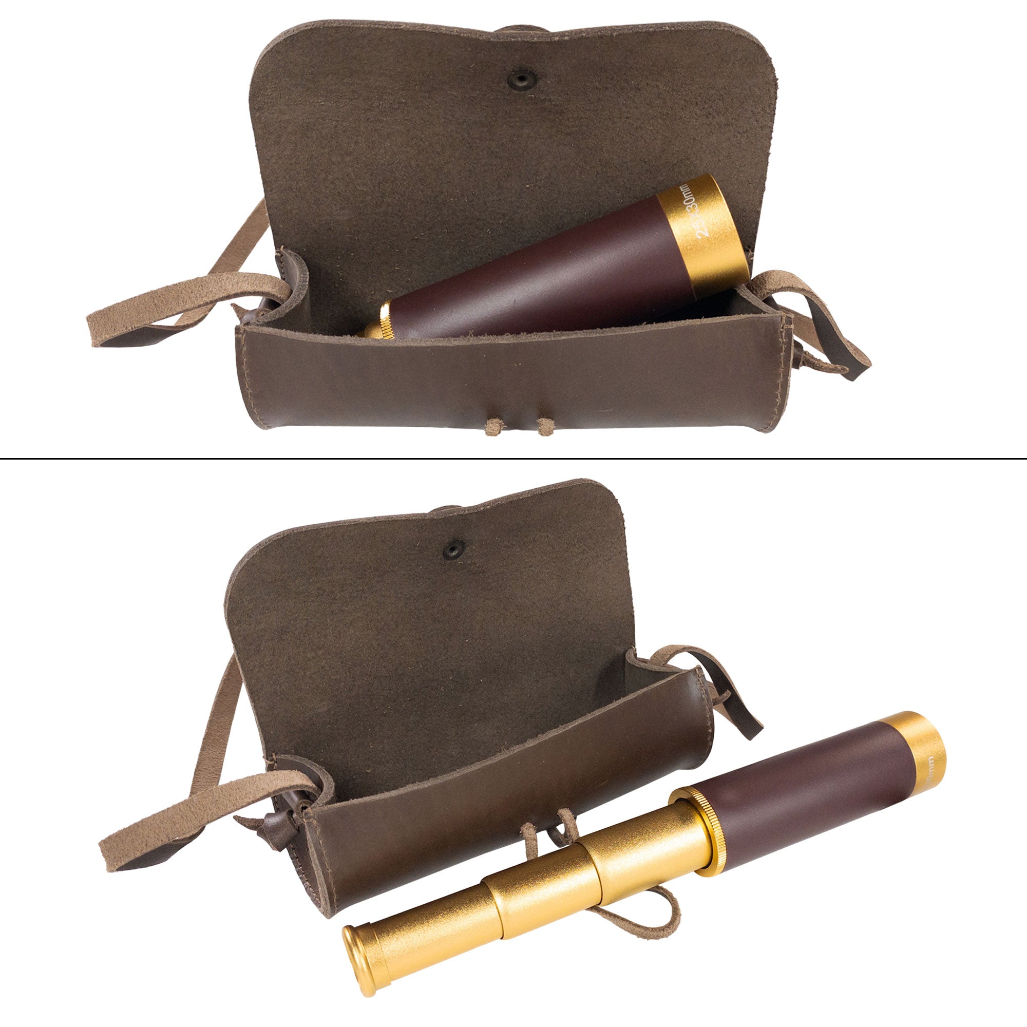 Open view of La Antigua Spotting Scope Case with a spotting scope inside. This rustic storage case, handmade from full grain leather, offers excellent protection during outdoor adventures. Enjoy the quality craftsmanship and practicality of this protective sleeve, perfect for travel.