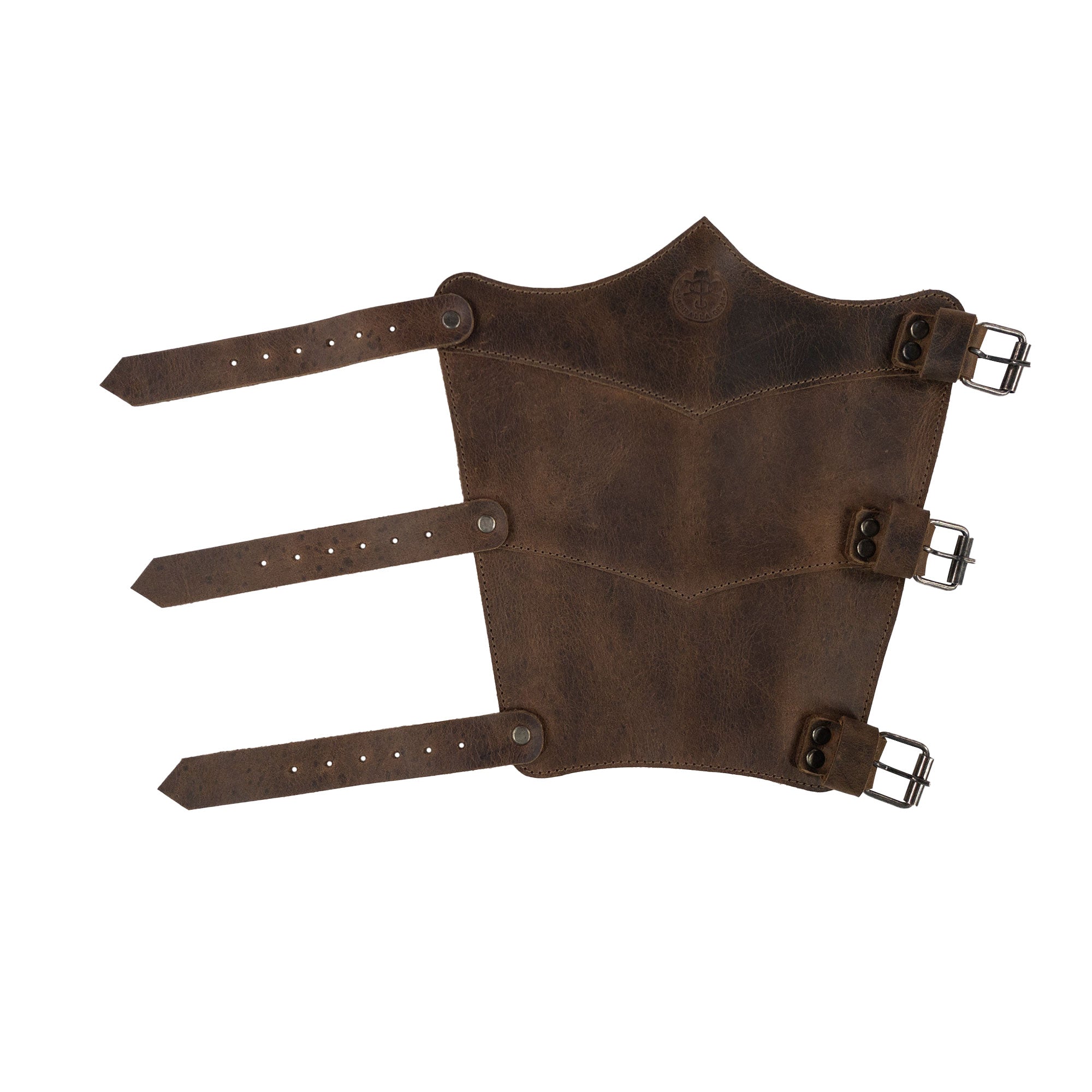 Displaying the Valhalla Gear Forearm Protector for Bow Shooting Practice laid flat, highlighting its design with three adjustable buckle straps. This Female Archery Bracer is constructed from deluxe full grain leather, serving as a functional armband and wrist guard, embodying the small batch production that ensures handmade quality from artisans in La Antigua Guatemala.