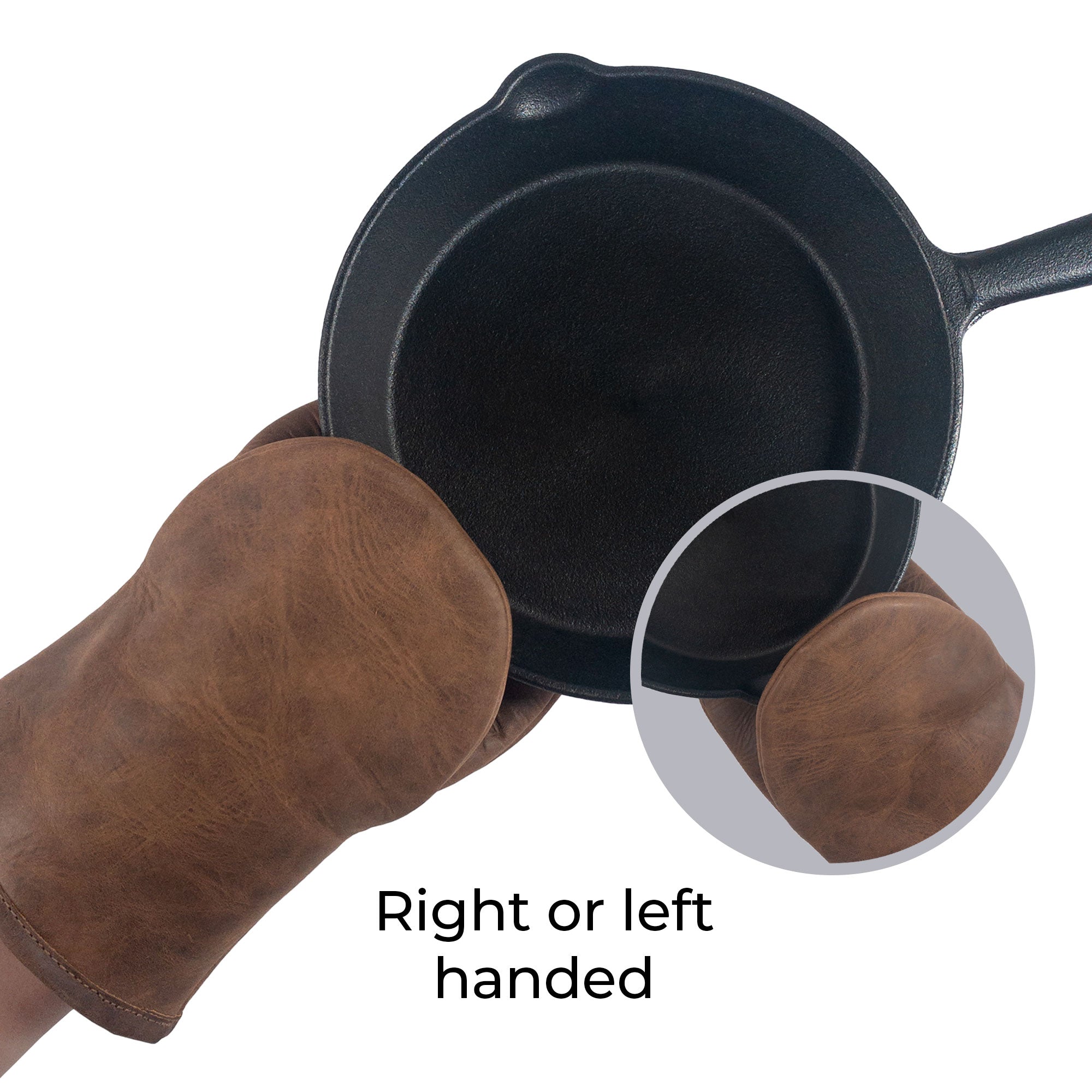 Cast Leather Co. Dual-Hand Leather Oven Mitt in action, highlighted as a right or left-handed oven glove for versatile cooking. This heat-resistant kitchen essential is crafted from Full Grain Leather, designed for baking and cooking enthusiasts with an artisan touch, handmade in La Antigua Guatemala & Oaxaca Mexico.