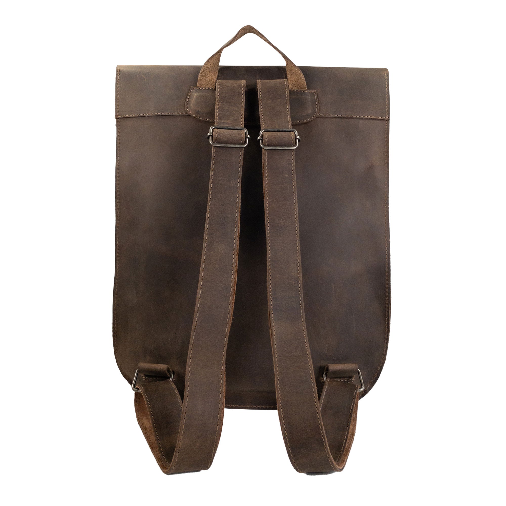 Back view of Hide & Drink's Rounded Laptop Backpack with Adjustable Straps featuring adjustable shoulder straps for comfort. This full grain leather backpack is a must-have portable case and travel accessory. Handmade in La Antigua Guatemala & Oaxaca Mexico, emphasizing small batch production and artisan craftsmanship.