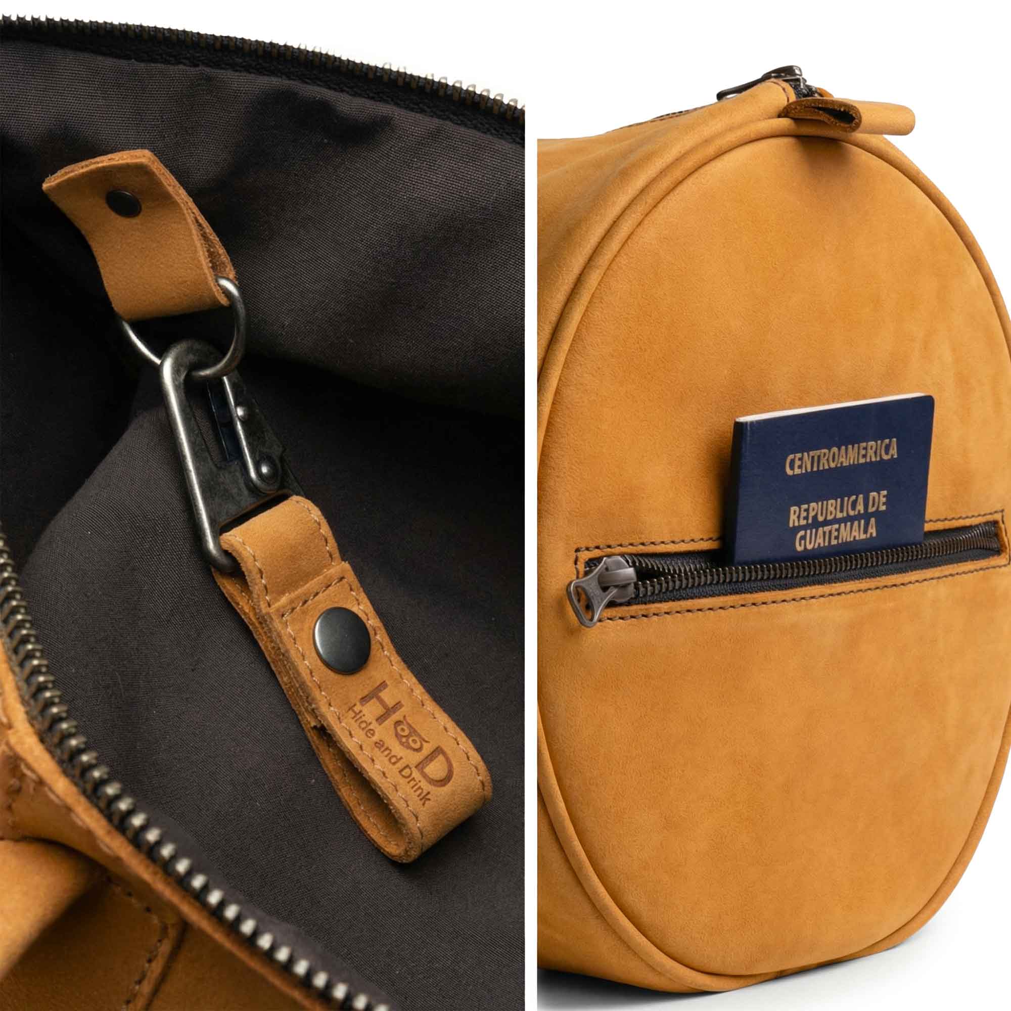 Classic Duffle Bag by Hide & Drink in orange suede, emphasizing its functional design with adjustable strap and zipper closure. This quality Full Grain Leather Classic Duffle Bag acts as a perfect Messenger Bag, crafted by artisans in La Antigua Guatemala & Oaxaca Mexico.
