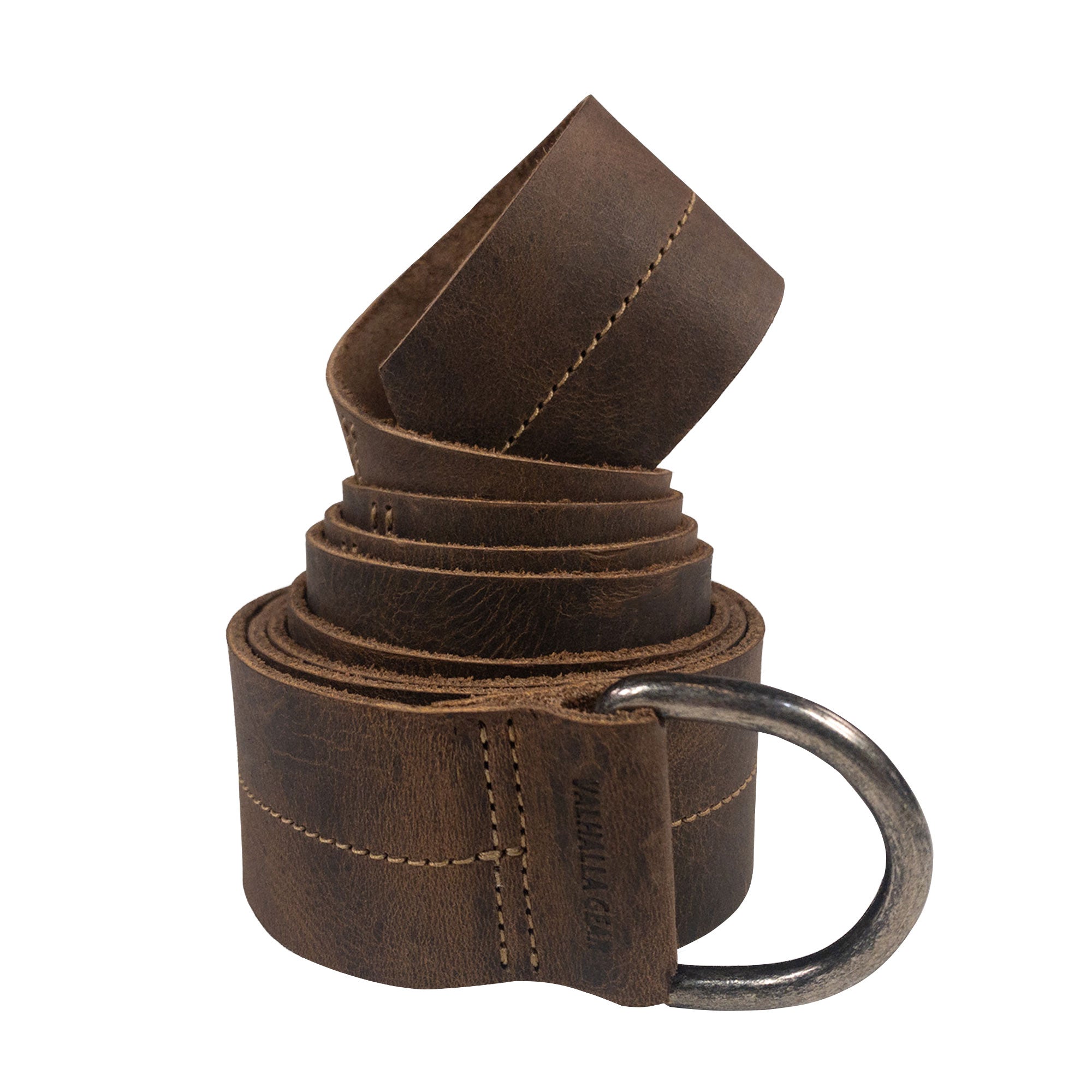 Rolled-up Medieval Belt with Stitching from Valhalla Gear, highlighting its full grain leather texture. This Medieval Belt for Men with Stitching, suitable for LARPing and costume parties, represents the exquisite craftsmanship of small batch production made by artisans in La Antigua Guatemala & Oaxaca Mexico.