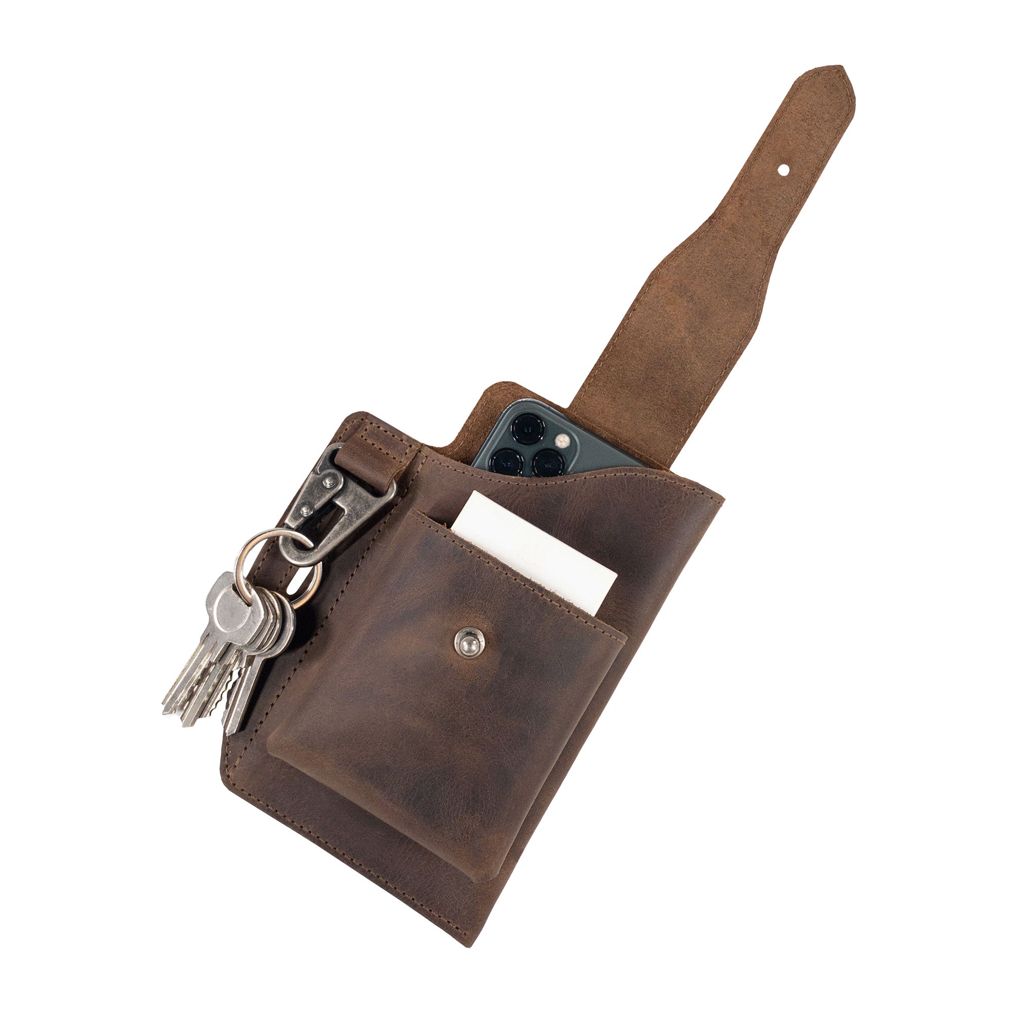 Top view of the Heavy Duty Hide Rustic Phone & Cigarette Pack Holder, showcasing its durable design crafted from full grain leather. This tactical organizer embodies small batch production techniques and artisan craftsmanship, ideal for outdoor enthusiasts, made in La Antigua Guatemala & Oaxaca Mexico.