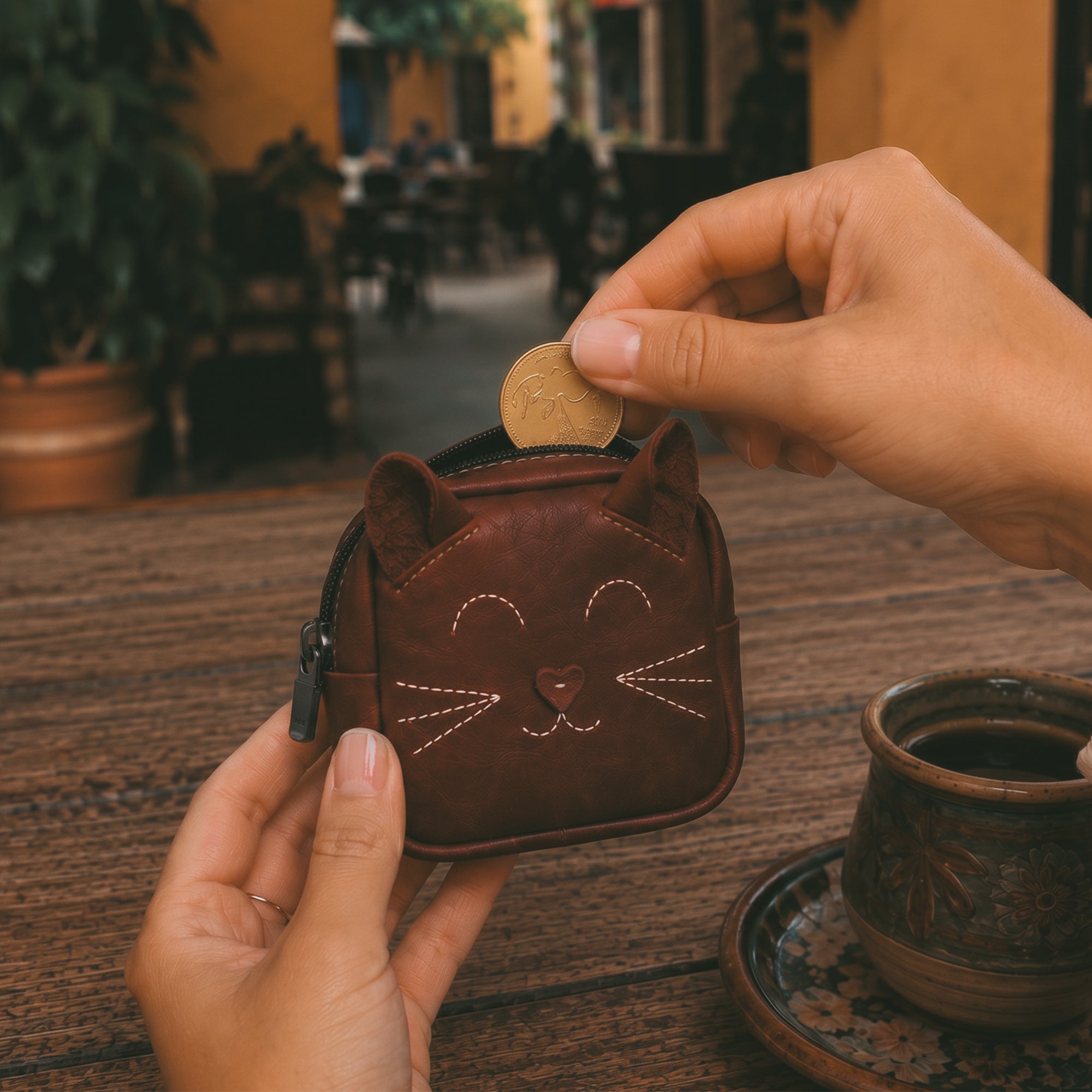 A hand placing a coin into the Cheery Cat Mini Pack from Hide & Drink, demonstrating its practical use as a coin purse. This adorable mini backpack is crafted from Full Grain Leather, reflecting small batch production and artisan skills from La Antigua Guatemala & Oaxaca, Mexico.