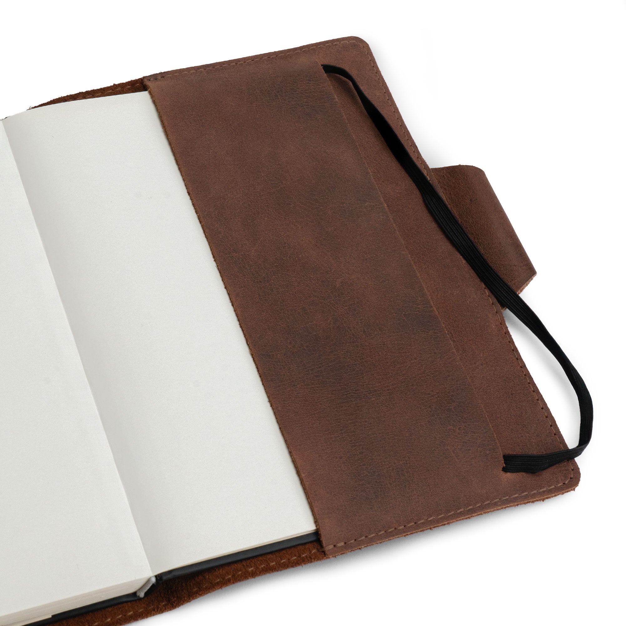 A5 Notebook Cover with Card Slots by Leather Worx, displaying the upper section of the cover with detailed features. This rustic cover for Leuchtturm A5 Notebook with Card Slots (Notebook Not Included) merges minimalist style and full grain leather quality. StockyardX, small batch production, hand cut, hand sewn, fire branded, and artisan-made in La Antigua Guatemala.