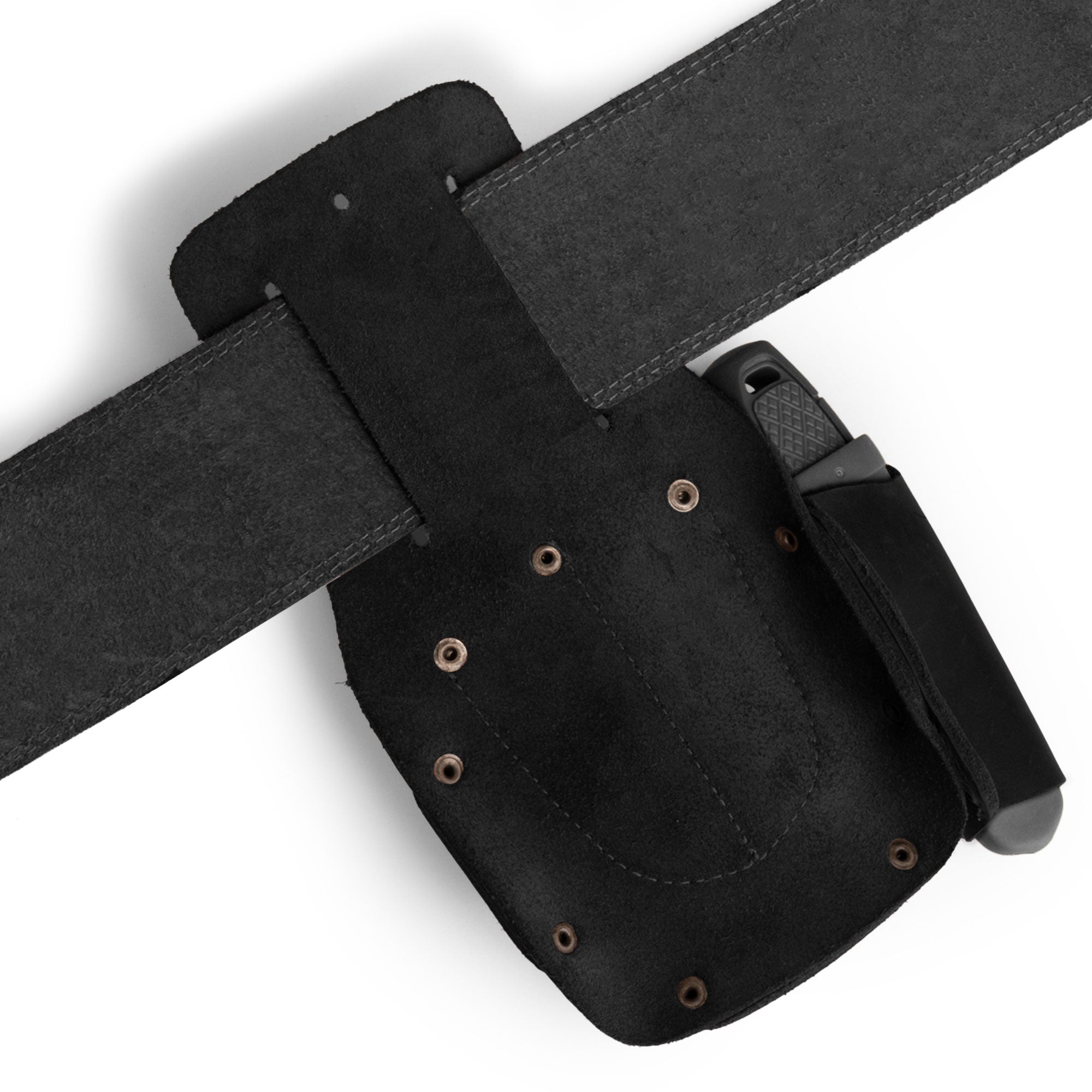 Hide & Drink Tape And Knife Holder showcased on a belt, demonstrating its practical use. This Tape & Knife Holder is perfect for those in need of easy access to their tools. Made from durable full grain leather, it is a well-crafted pocket belt pouch, distinctly handmade in La Antigua Guatemala.