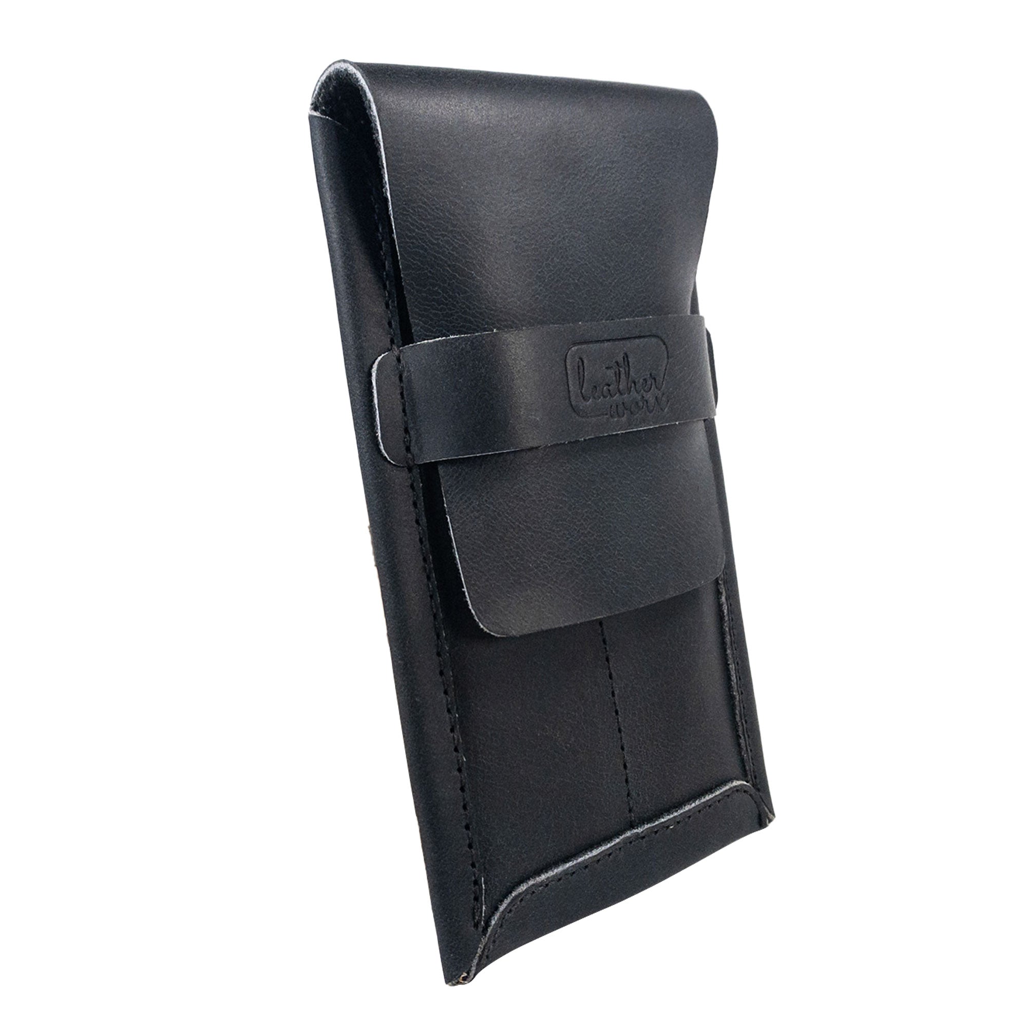 A side view of the Leather Worx Double Pen Case, emphasizing its sleek silhouette and Full Grain Leather material. This stylish accessory is part of StockyardX's commitment to Small Batch Production through Hand Cut and Hand Sewn craftsmanship, featuring a Fire Branded logo, handmade in La Antigua Guatemala.