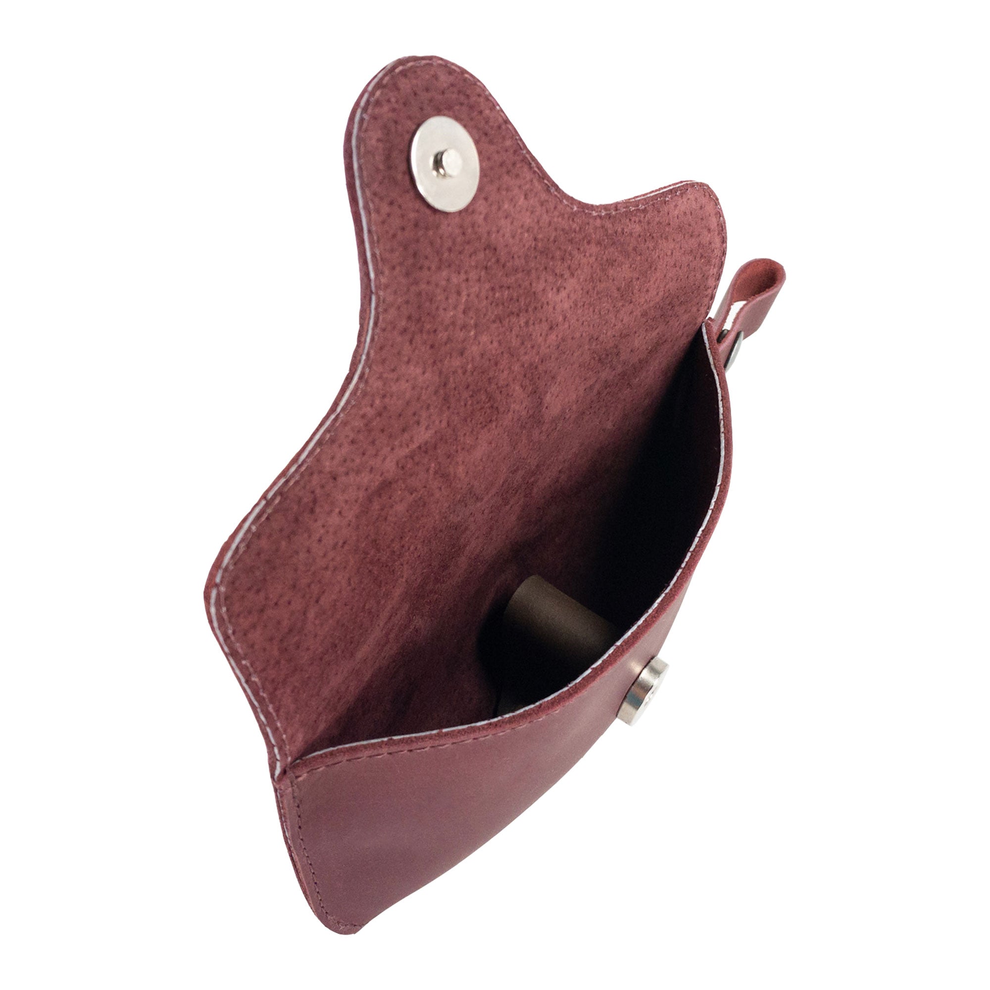 Interior view of Eyeglasses Case with Strap by Hide & Drink, demonstrating expert hand stitching from full grain leather. This chic sunglasses case acts as a quality protector for eyewear, crafted with care in La Antigua Guatemala & Oaxaca Mexico.