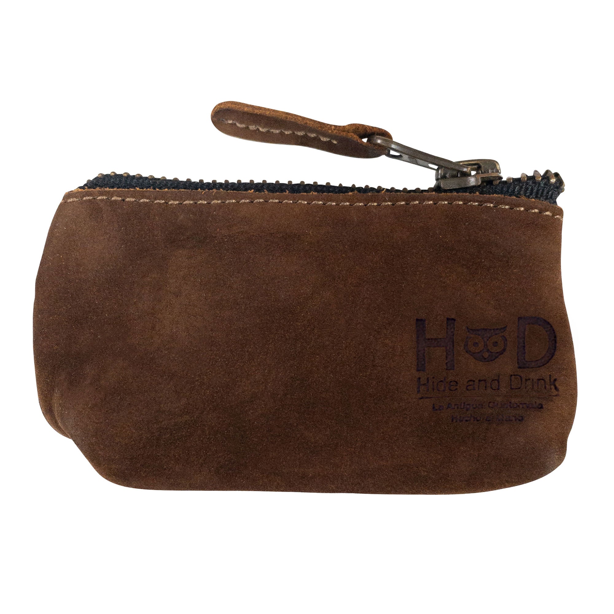 Hide & Drink Key Holder Zippered Pouch in a luxurious shade of brown, designed as a coin bag, money purse, and earphone holder. Crafted from full grain leather, showcasing artisan skills in La Antigua Guatemala & Oaxaca Mexico.