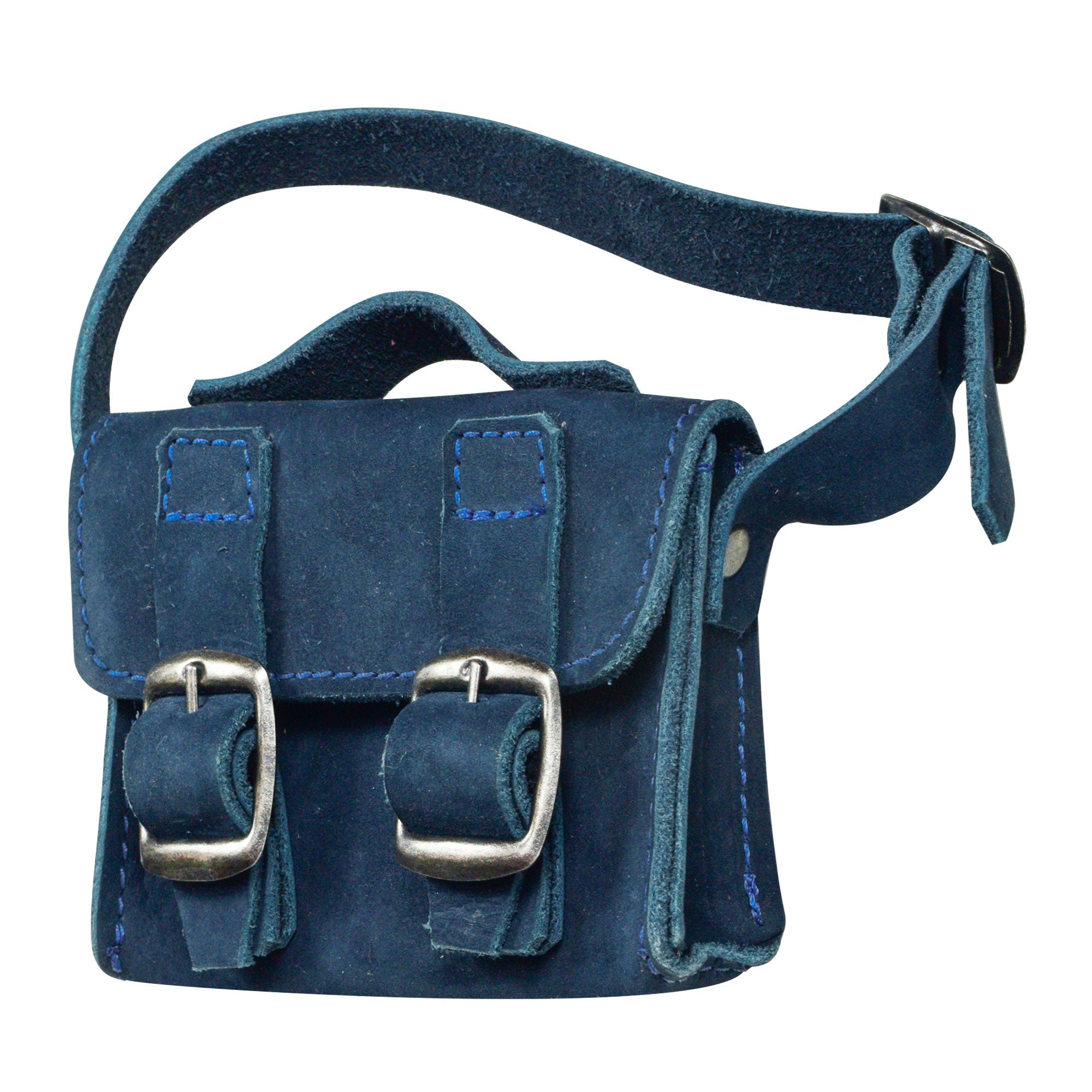 Side view of the navy Tiny Messenger Bag by Hide & Drink, showcasing its durable Full Grain Leather design. This charming Mini Messenger Bag Charm serves well as a keychain or handbag ornament, handcrafted by artisans in La Antigua Guatemala.