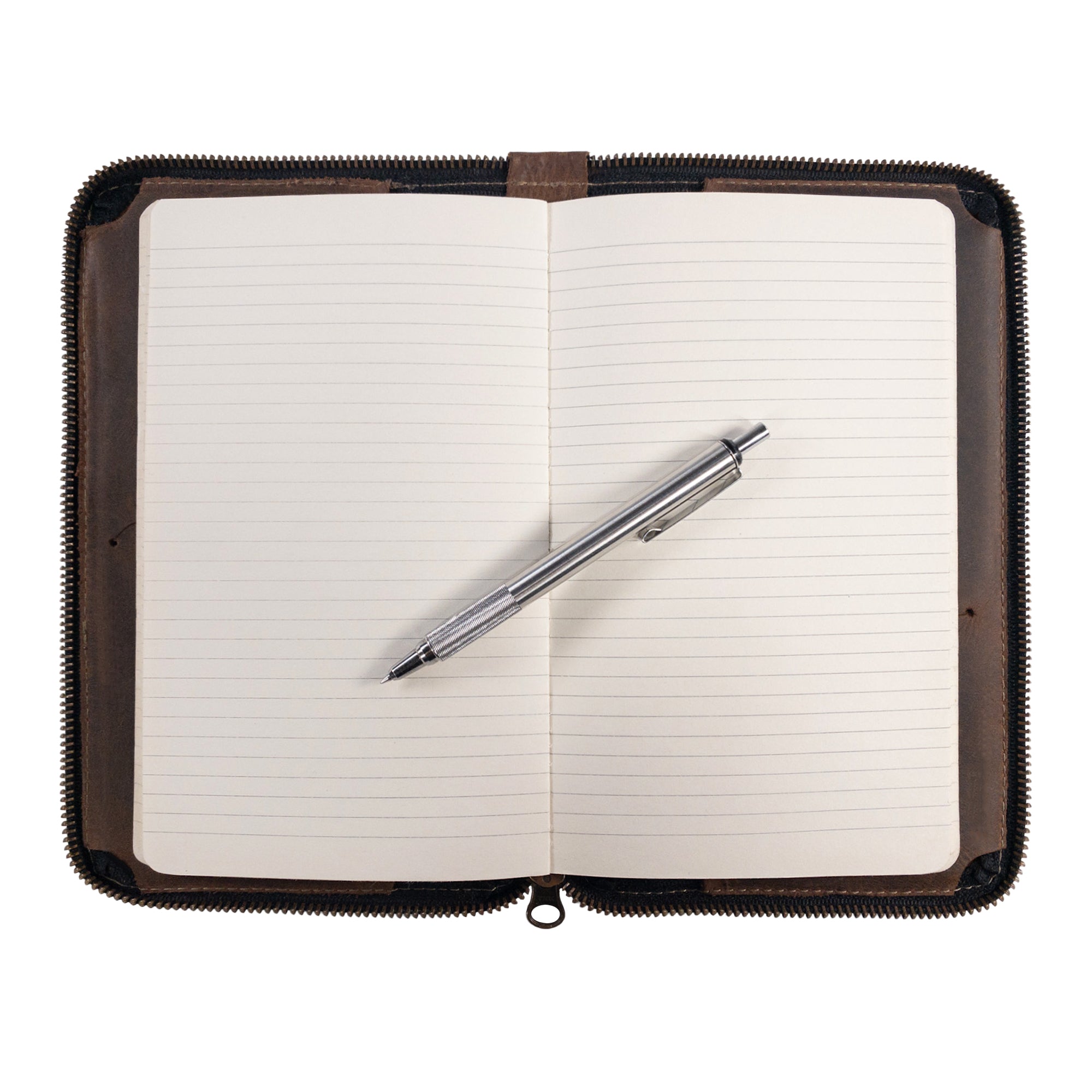 Open layout of Hide & Drink Zippered Journal Cover for Moleskine (Notebook NOT Included), highlighting lined pages ready for writing. Crafted from full grain leather, this protector sleeve is truly handmade.