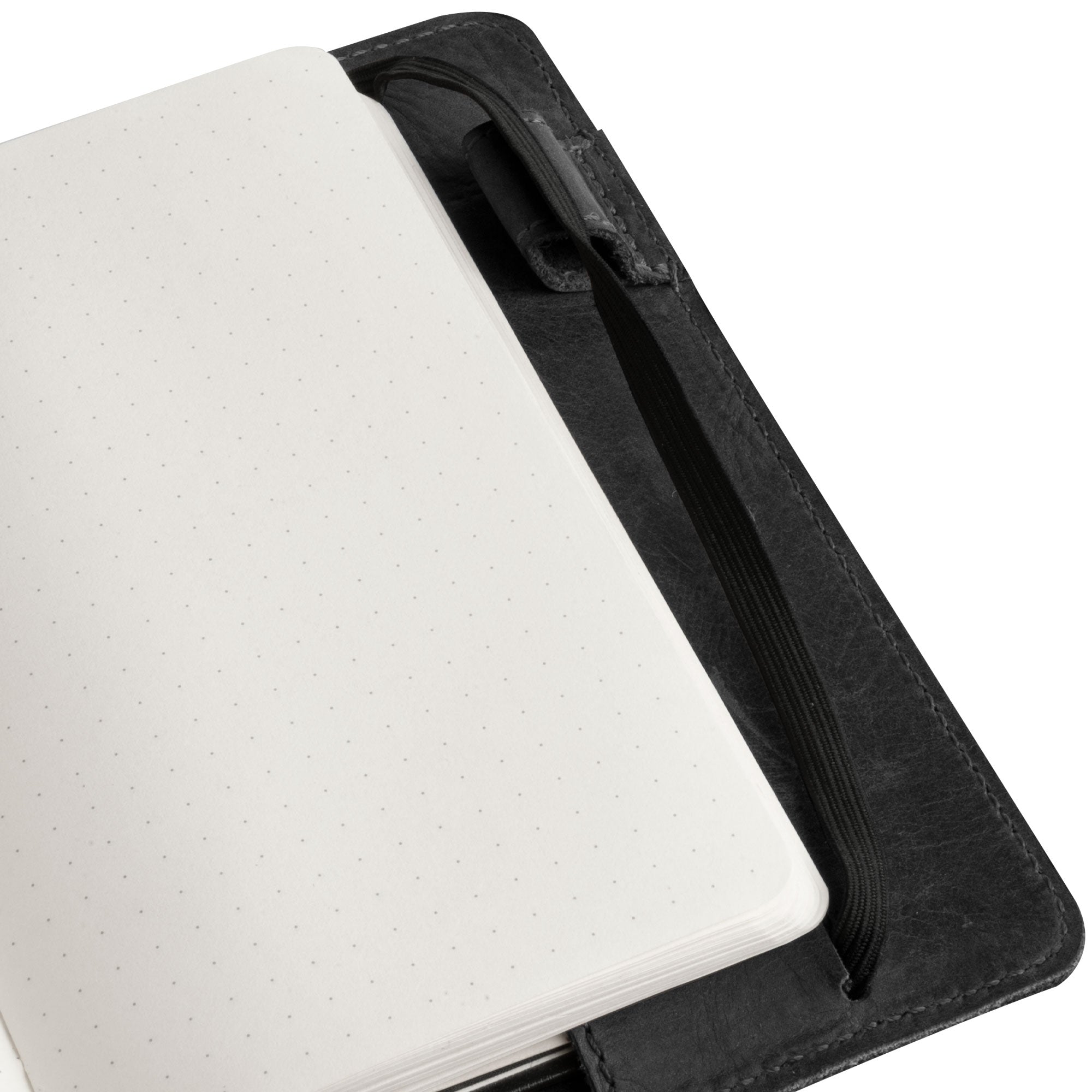 Close-up shot of the elastic band on Leuchtturm A6 Hardcover Case by Hide & Drink, emphasizing functionality and style. Ideal as a Leather A6 Notebook Cover for Leuchtturm 3.6 x 5.9 in. This case works well as a refillable mini planner case and travel journal cover for men; compatible with Moleskine & Hobonichi, and serves as a travelers pocket portfolio binder.