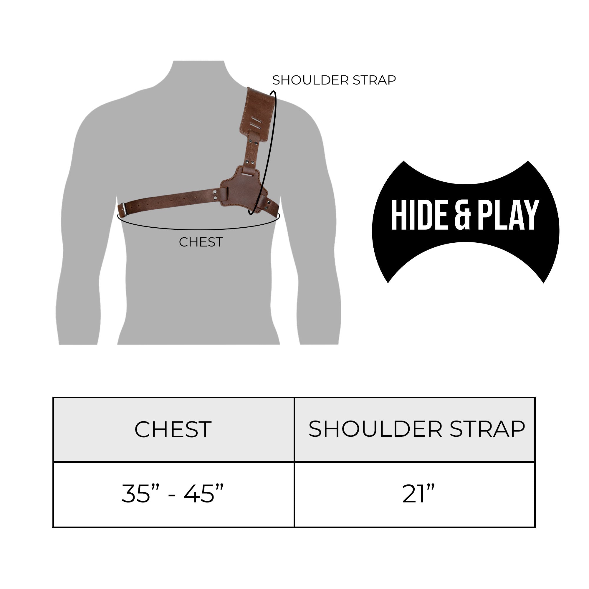 Detailed dimensions of the Hide & Play Gladiator Harness, with sizing for chest and shoulder strap. This Gladiator Harness includes adjustable straps for comfort and is designed for cosplay and costume parties. Made of full grain leather, it exemplifies small batch production with hand cut and hand sewn features, and is fire branded, reflecting artisan skills from La Antigua Guatemala & Oaxaca Mexico.