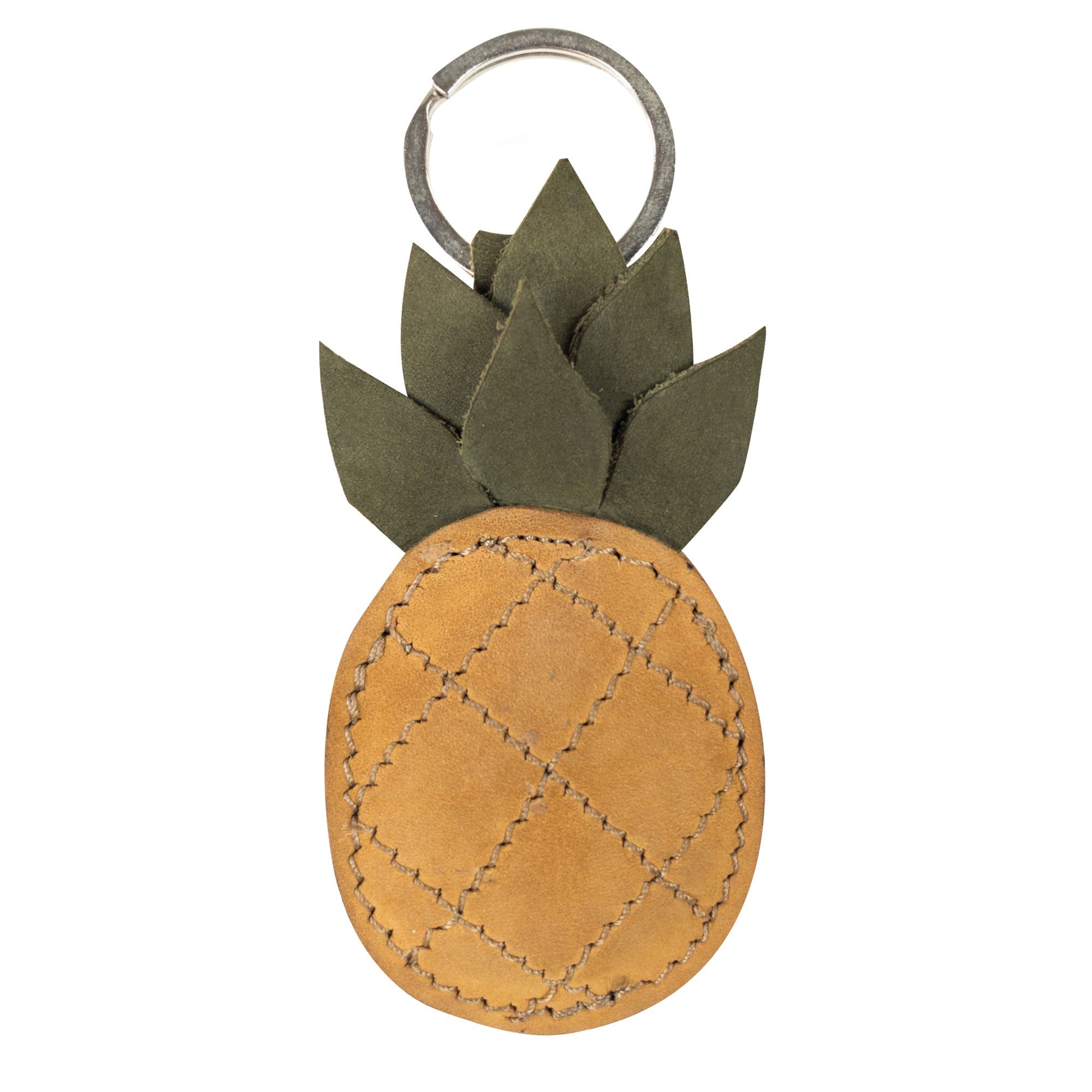 The Pineapple Keychain by Hide & Drink is showcased with its iconic green leaves and stitched detailing. This juicy accessory is made from durable full grain leather and reflects the skill of artisans in La Antigua Guatemala and Oaxaca Mexico. A perfect gift or personal accessory for tropical fruit lovers.