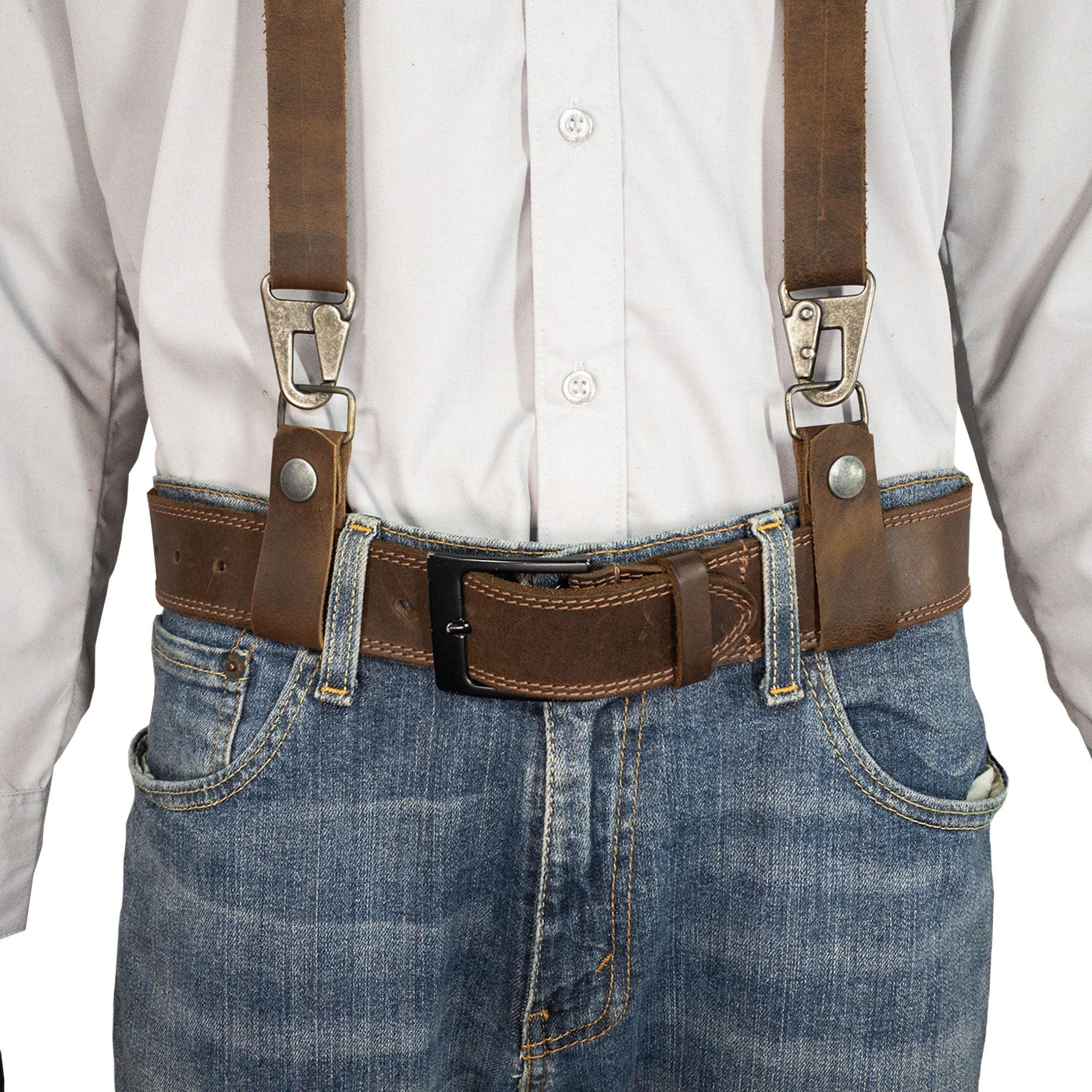 A person wearing the Set of 2 Suspender Loop Attachments with Snap Closure by Hide & Groom, demonstrating their practical use and stylish design with heavy-duty leather. Set of 2 Suspender Loops Attachment for Men with Snap Closure, Heavy Duty, Wedding Accessories, Full Grain Leather, StockyardX, Small Batch Production, Hand Cut, Hand Sewn, Fire Branded, Artisan, Handmade in La Antigua Guatemala & Oaxaca Mexico.