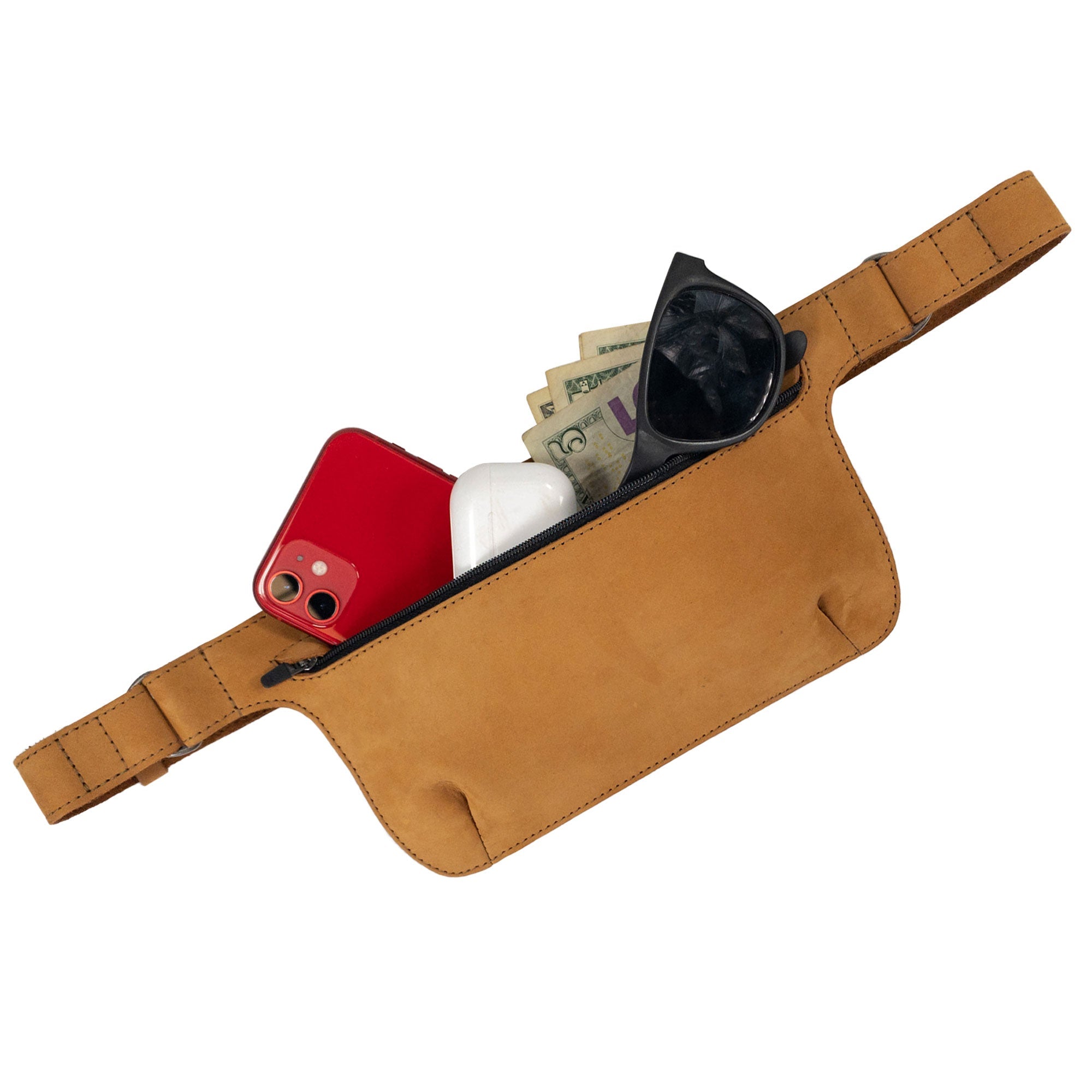 Slim Fanny Pack by Hide & Drink showcasing stitching details, illustrating the craftsmanship behind this artisan piece. This full grain leather fanny pack is perfect for carrying everyday essentials.