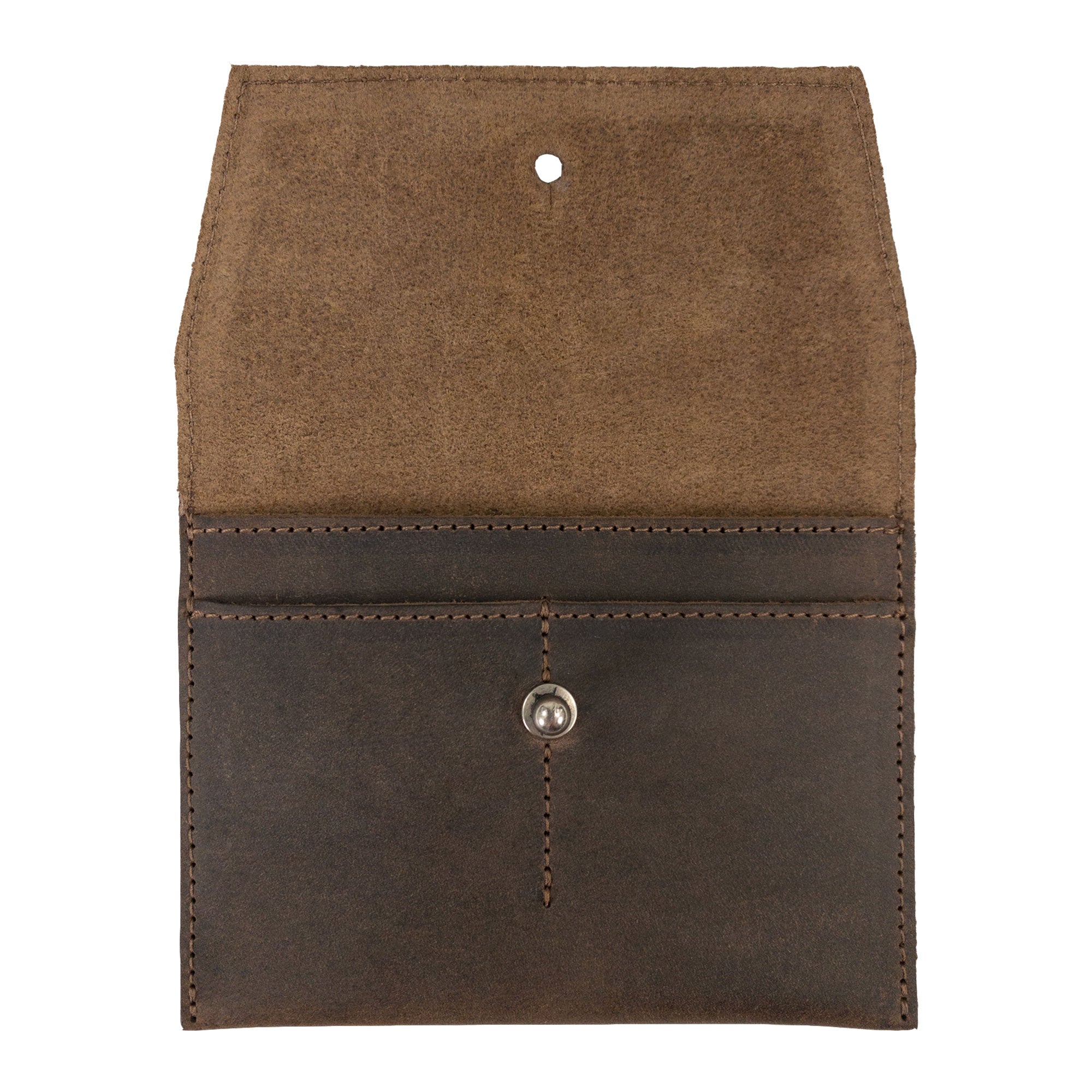 Interior view of Hide & Drink Minimalist Wallet, showing its organized compartments for cards and cash. This durable cash organizer features a locking snap closure and is made of premium full grain leather, representing the quality of artisan craftsmanship from La Antigua Guatemala & Oaxaca Mexico.