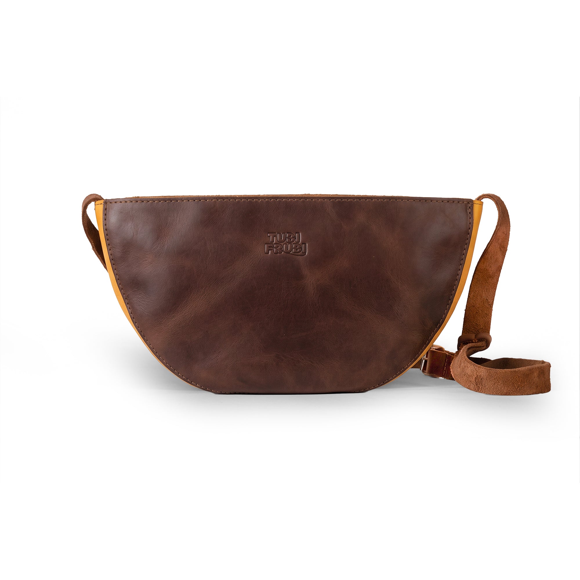 Top view of the Lemon-Shaped Shoulder Bag by Tudi Frudi, showing the zipper compartment for secure storage. This Lemon-Shaped Shoulder Bag with Adjustable Strap is ideal as a Messenger Bag and Vintage Purse. It features Full Grain Leather and is made through Small Batch Production, hand cut and sewn by talented artisans in La Antigua Guatemala & Oaxaca Mexico.