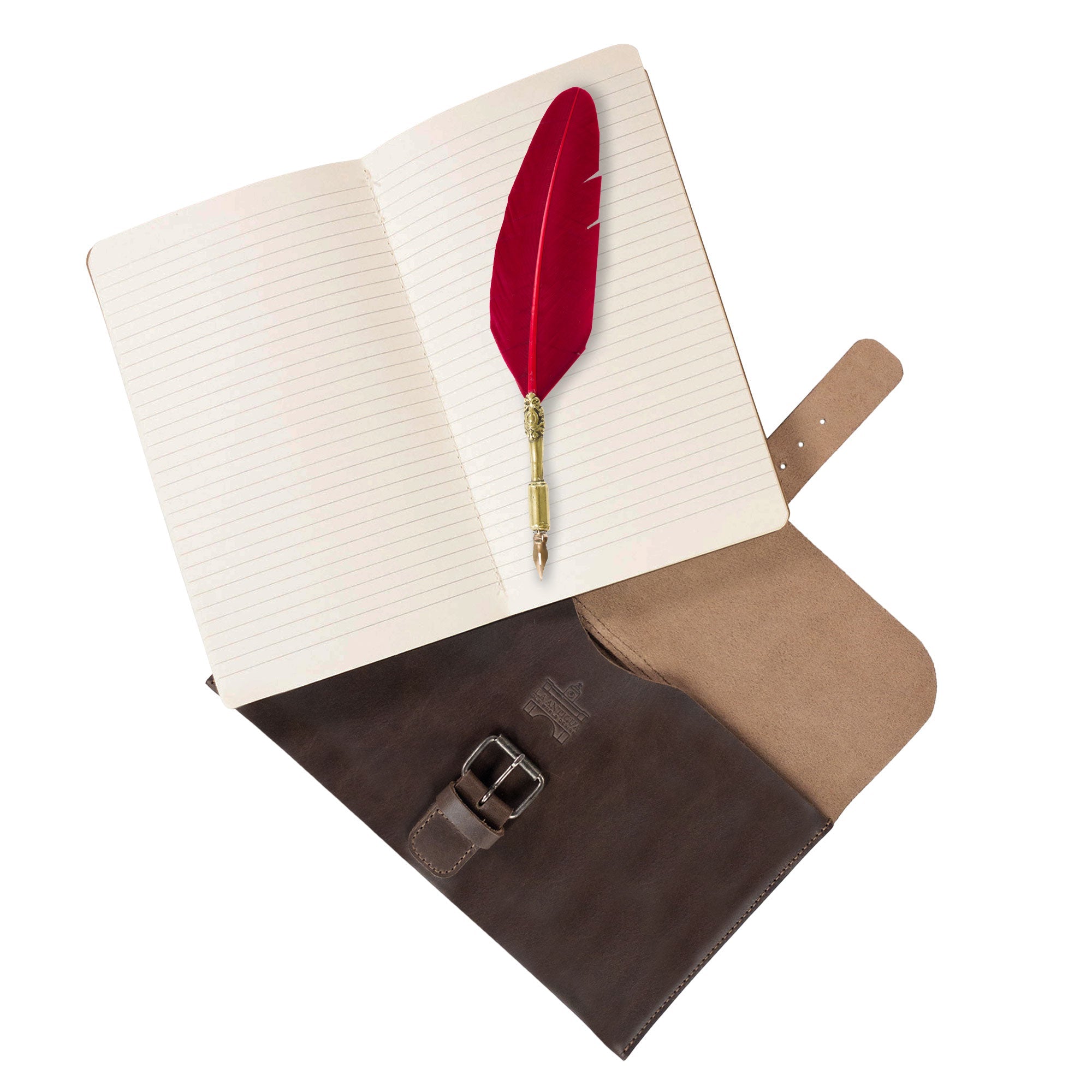 La Antigua's Rectangular Case for Notebook opened with a feather pen resting on the pages, perfect for 8.25 x 5 in. notebooks. This protective cover is a classic sleeve designed for travel, made from durable full grain leather. Experience the artisan touch of hand cut and hand sewn craftsmanship, showcasing the uniqueness of small batch production from La Antigua Guatemala.