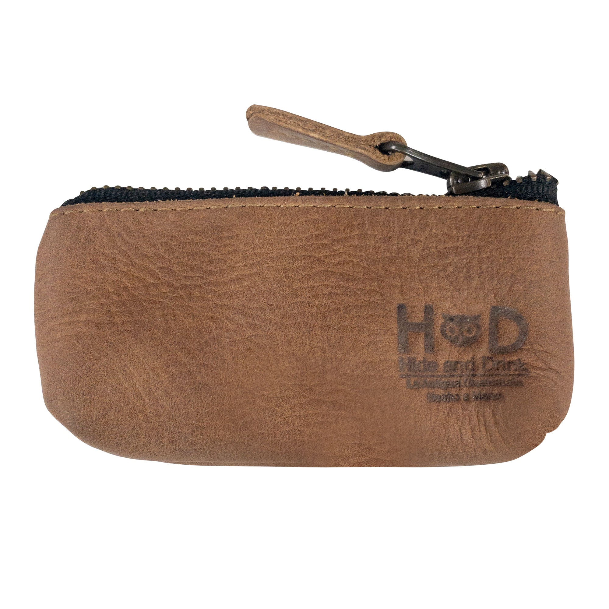 Hide & Drink Key Holder Zippered Pouch dimensions illustrated, practical for coins and small items. A vibrant touch to your organization needs as a money purse or earphone holder, crafted in full grain leather.