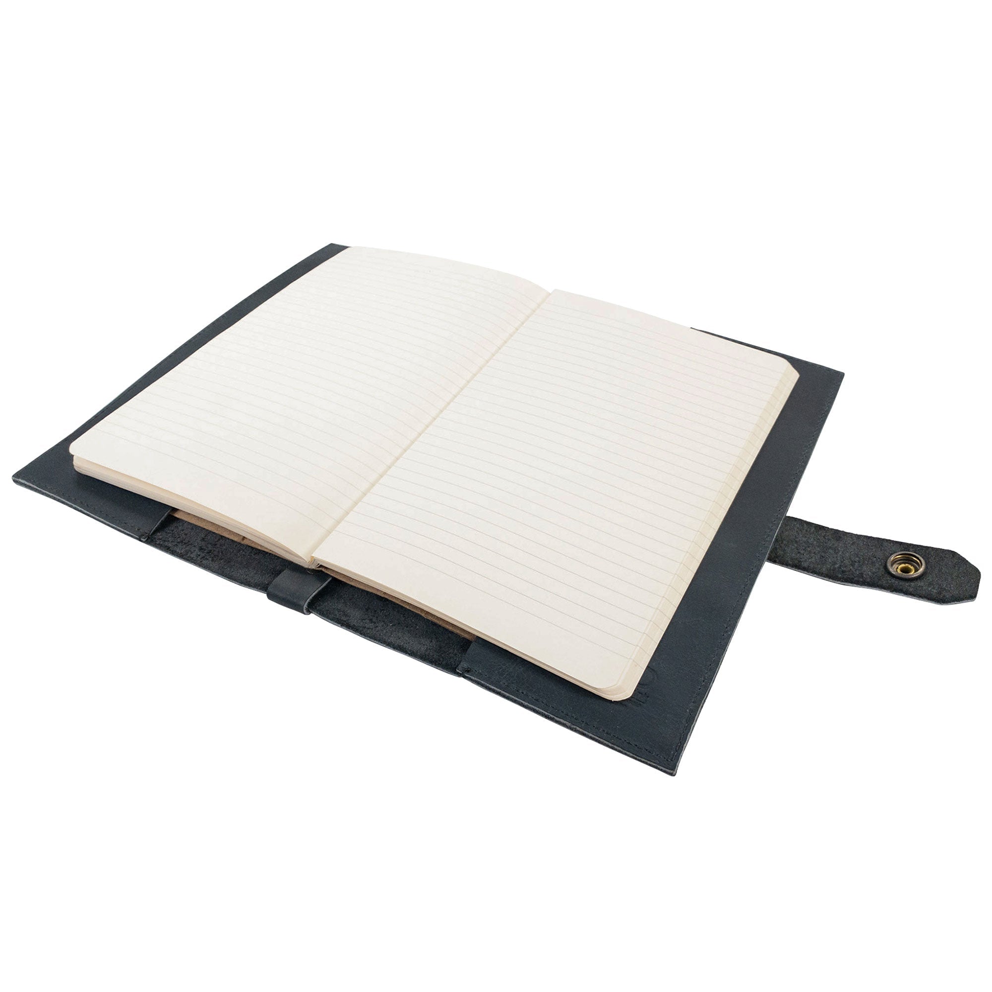 Open layout of Hide & Drink's Riveted Field Note Cover for Moleskine (5 x 8.25 in.) Notebook NOT Included, featuring ample lined pages for writing. This full grain leather cover reflects the quality of artisan design, handcrafted in La Antigua Guatemala & Oaxaca, Mexico.