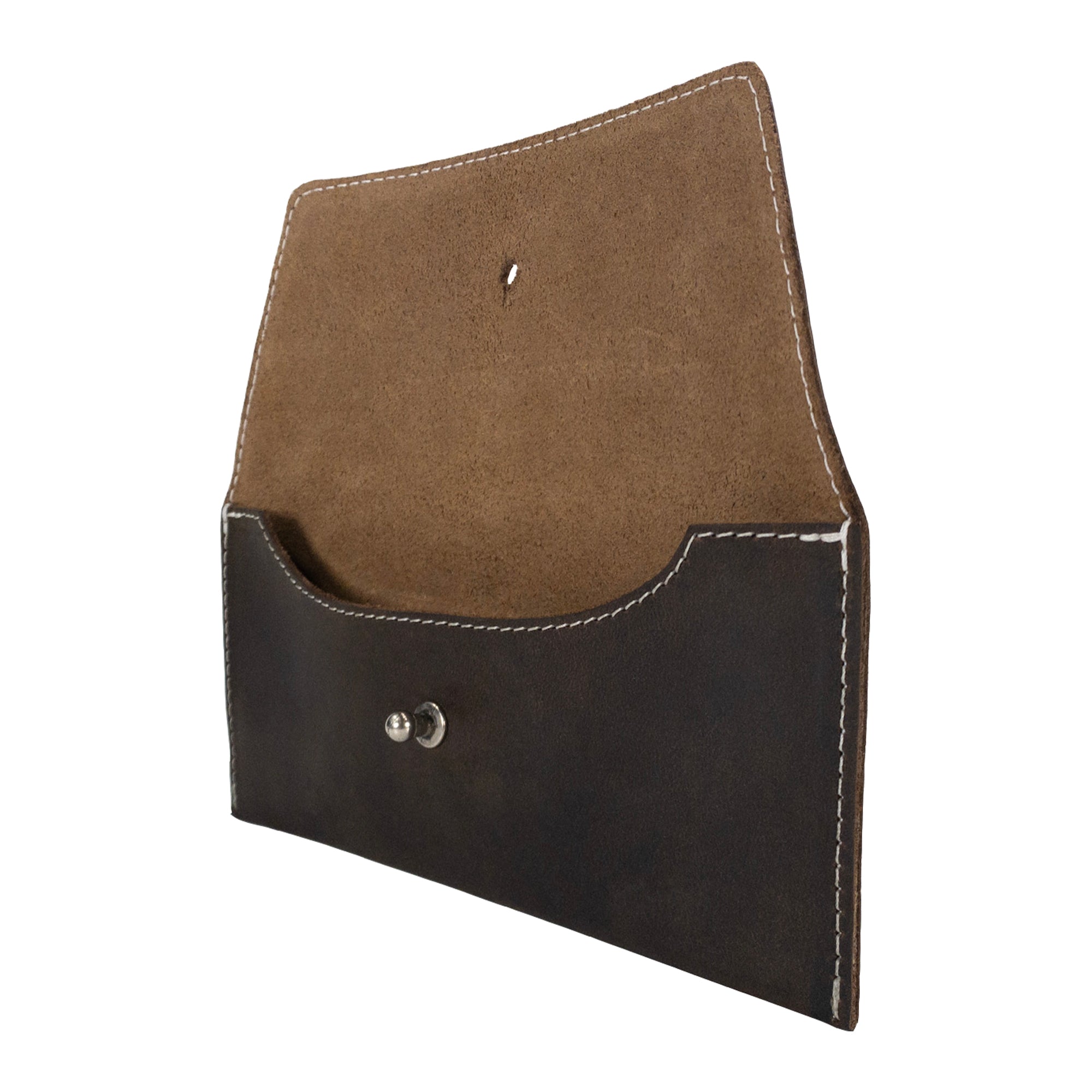 Side view of the brown Long Utility Pouch by Hide & Drink, showcasing its stitching and artisan craftsmanship. An eye-catching wallet perfect for daily use.